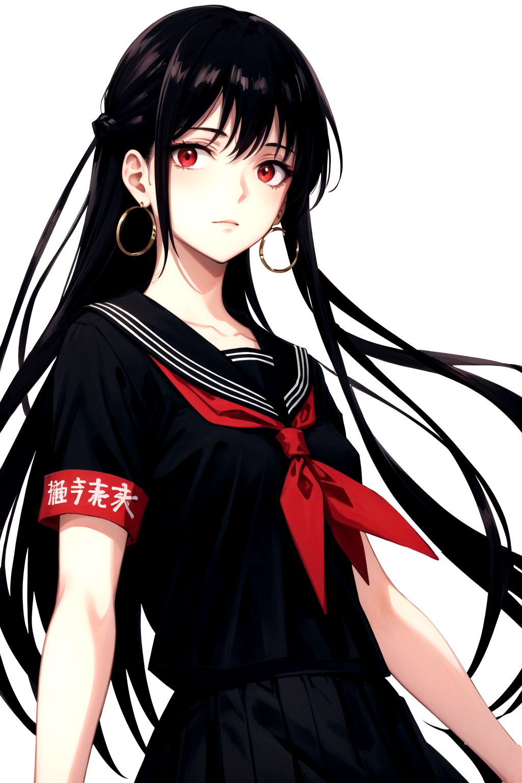 masterpiece, best quality, 
,//Character, 1girl, solo
,//Fashion, 
,//Background, white_background
,//Others, 
,AgakuraMajiri, 1girl, solo, long hair, black hair, red eyes, hoop earrings, black serafuku, sailor collar, black shirt, red neckerchief, armband, pleated skirt, black skirt