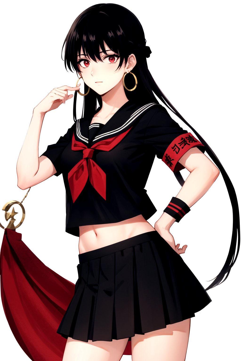 masterpiece, best quality, 
,//Character, 1girl, solo
,//Fashion, 
,//Background, white_background
,//Others, 
,AgakuraMajiri, 1girl, solo, long hair, black hair, red eyes, hoop earrings, black serafuku, sailor collar, black shirt, red neckerchief, armband, pleated skirt, black skirt