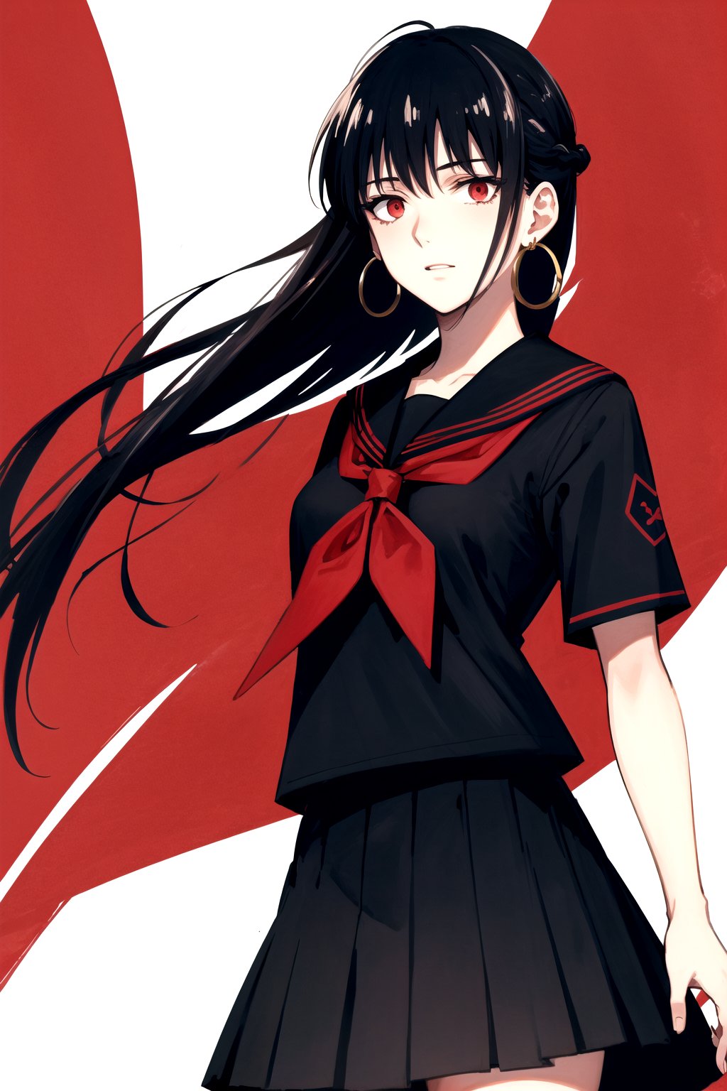 masterpiece, best quality, 
,//Character, 1girl, solo
,//Fashion, 
,//Background, white_background
,//Others, 
,AgakuraMajiri, 1girl, solo, long hair, black hair, red eyes, hoop earrings, black serafuku, sailor collar, black shirt, red neckerchief, armband, pleated skirt, black skirt