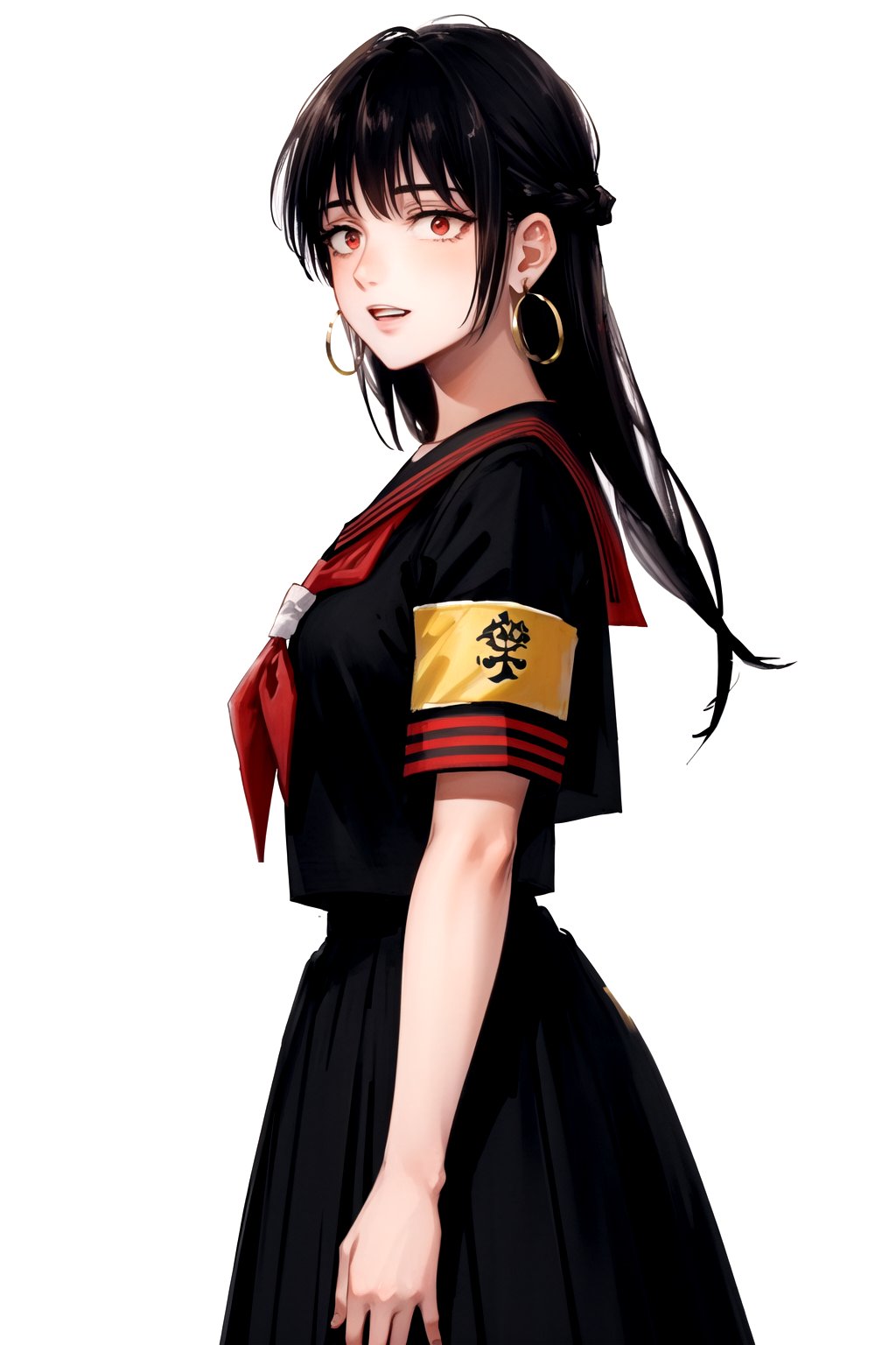 masterpiece, best quality, 
,//Character, 1girl, solo
,//Fashion, 
,//Background, white_background
,//Others, 
,AgakuraMajiri, 1girl, solo, long hair, black hair, red eyes, hoop earrings, black serafuku, sailor collar, black shirt, red neckerchief, armband, pleated skirt, teeth