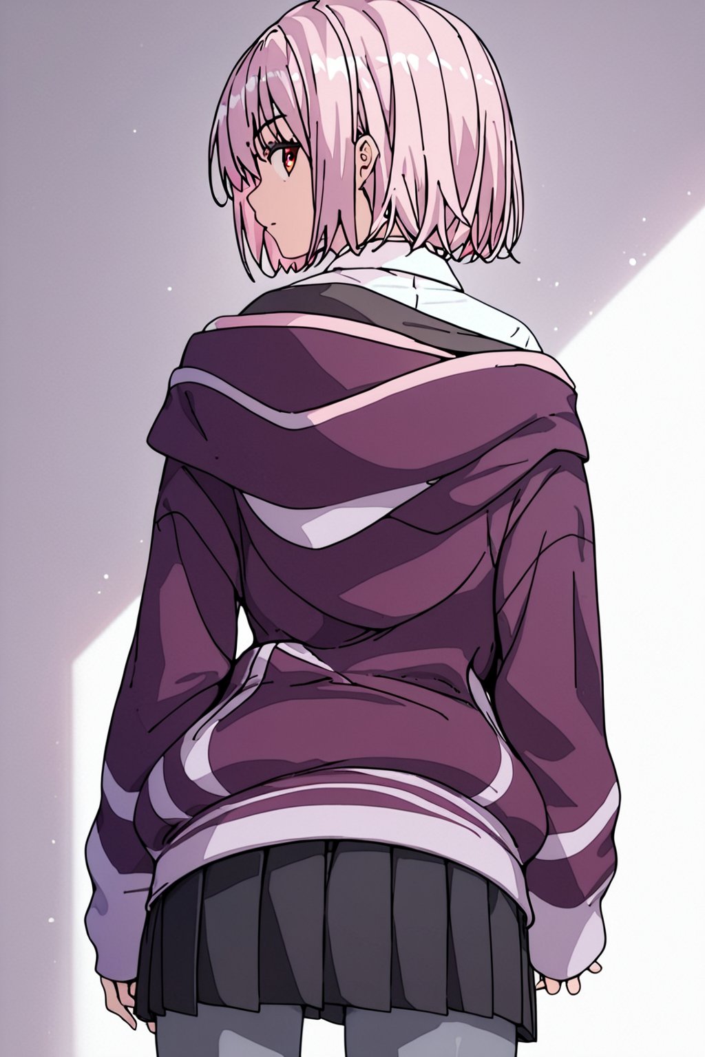 score_9, score_8_up, score_7_up, source_anime, shinjou akane, 1girl, solo, pink hair, red eyes, purple zip-up hoodie jacket, white shirt, pink bowtie, black pleated skirt, darkgray pantyhose, black loafers, from behind