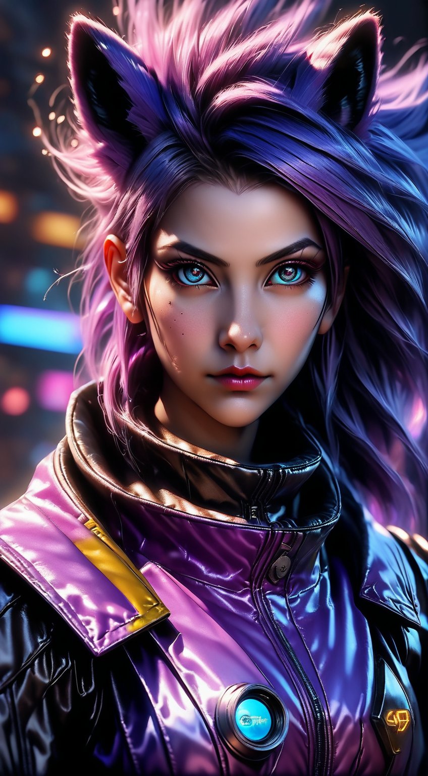 1girl, a realistic cyberpunk assassin girl with fox ears, wearing a cyan purple jacket, featuring nekro xiii style, goth makeup and eyeliner, in a realistic anime art style with multicolor hair, fantasy elements, cyberpunk, ultra detailed, ultra quality, wide-angle lens, ultra realistic, with dramatic polarizing filter, vivid colors, sharp focus, HDR, UHD, 64K, 16mm, color graded portra 400 film, remarkable color, ultra realistic, detailed background,The Guyver, Kentaro Miura,
,BcyPgA