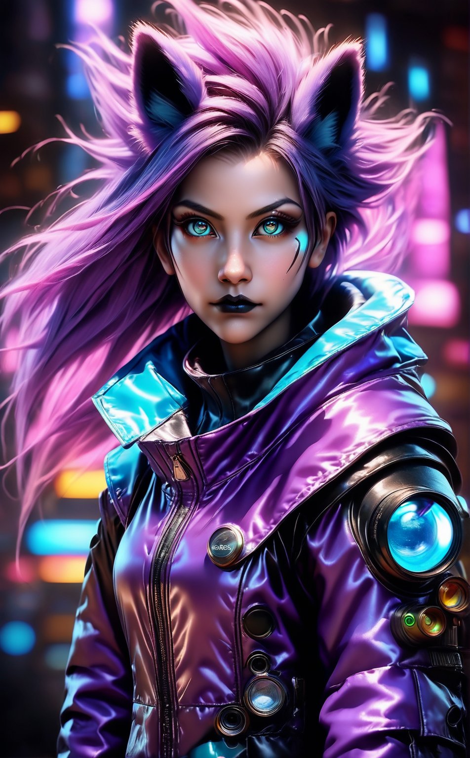 1girl, a realistic cyberpunk assassin girl with fox ears, wearing a cyan purple jacket, featuring nekro xiii style, goth makeup and eyeliner, in a realistic anime art style with multicolor hair, fantasy elements, cyberpunk, ultra detailed, ultra quality, wide-angle lens, ultra realistic, with dramatic polarizing filter, vivid colors, sharp focus, HDR, UHD, 64K, 16mm, color graded portra 400 film, remarkable color, ultra realistic, detailed background,The Guyver, Kentaro Miura,
,BcyPgA