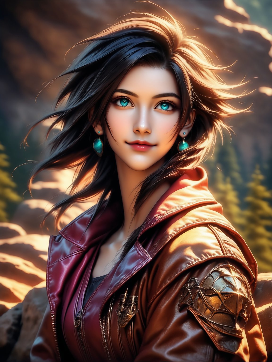 Here's the prompt:

A stunning portrait of Aerith Gwynne from Final Fantasy VII sits atop a massive rock in a serene forest setting. Soothing sunlight casts a warm glow on her radiant features - piercing eyes, luscious black hair, delicate earrings, and a radiant smile. Her slender figure is draped in a fitted vest, contrasting with the rugged natural backdrop. The sky above is a brilliant blue, with fluffy white clouds drifting lazily by. A dramatic polarizing filter enhances the vivid colors, while HDR technology delivers unparalleled detail and contrast. Shot on Portra 400 film, this breathtaking image boasts remarkable color gradation and ultra-realistic textures.