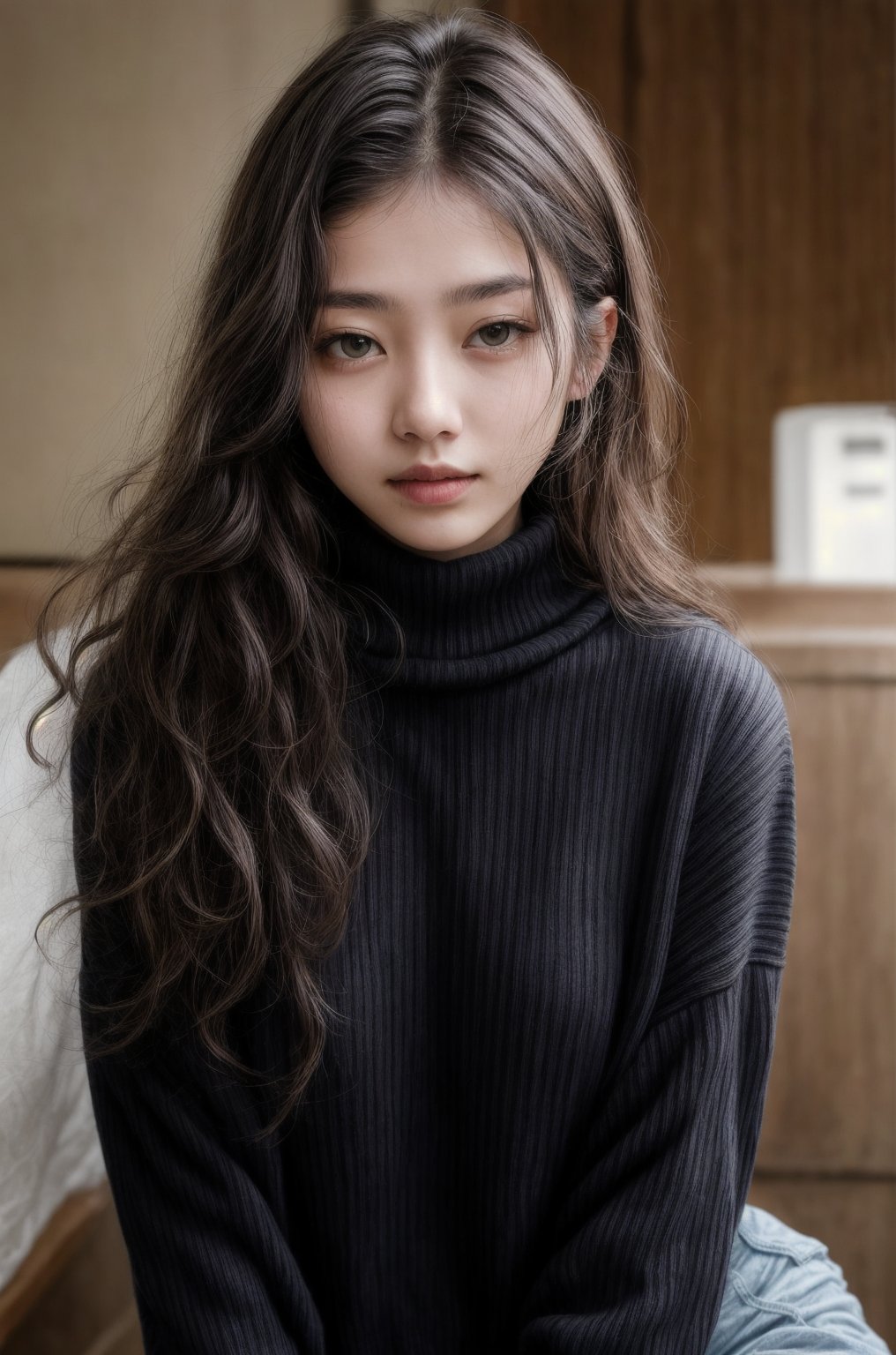 photography of a 20yo hubggirl,Miju, raw, photo, realistic BREAK an woman,clean skin,wearing a black turtleneck sweater,soft hair,black long curly hair,looking at the camera,