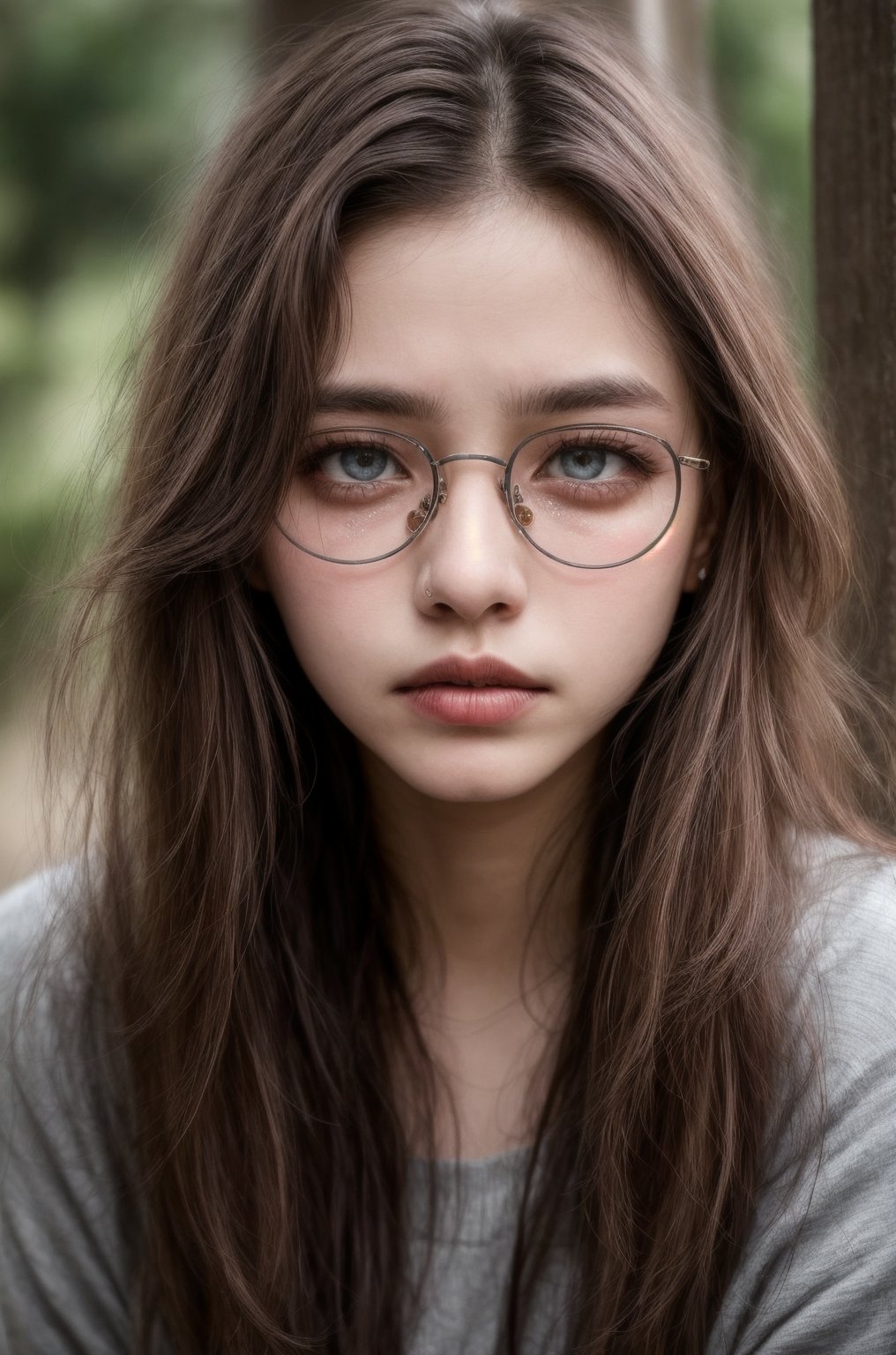 photography of a 20yo hubggirl,Miju, 
masterpiece, high quality, 4k quality, 8k quality, 1 woman, 26 year old woman, short and slightly unkempt hair, brown hair with small red highlights, a beautiful and well detailed face, beautiful and well detailed crimson eyes, expression of sadness in her eyes, sad face, with small tears in her eyes, tears on her cheekbones, piercing in her nose and lower lip, black lips, wearing dark transparent glasses that reveal her sadness, focus on face,