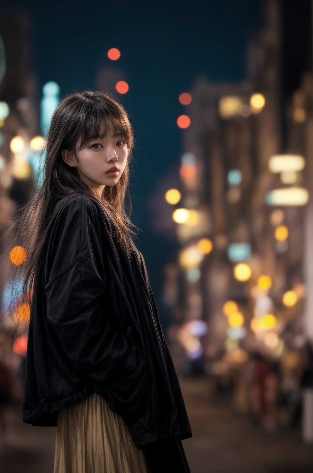 hubggirl, (Cinematic Aesthetic:1.4) Photo of a beautiful korean fashion model bokeh city night