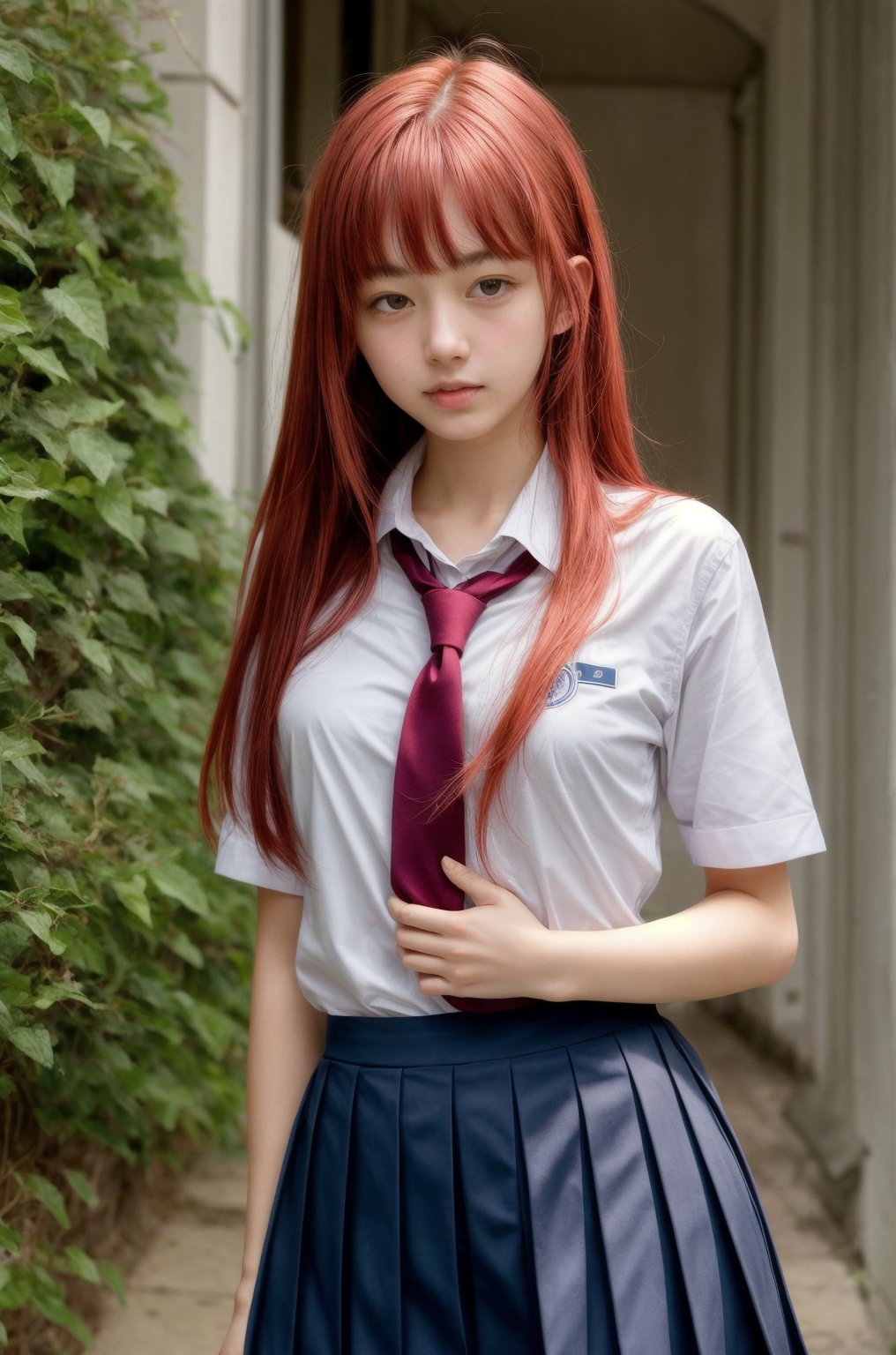 1girl, red hair, hand on own chest, school uniform,