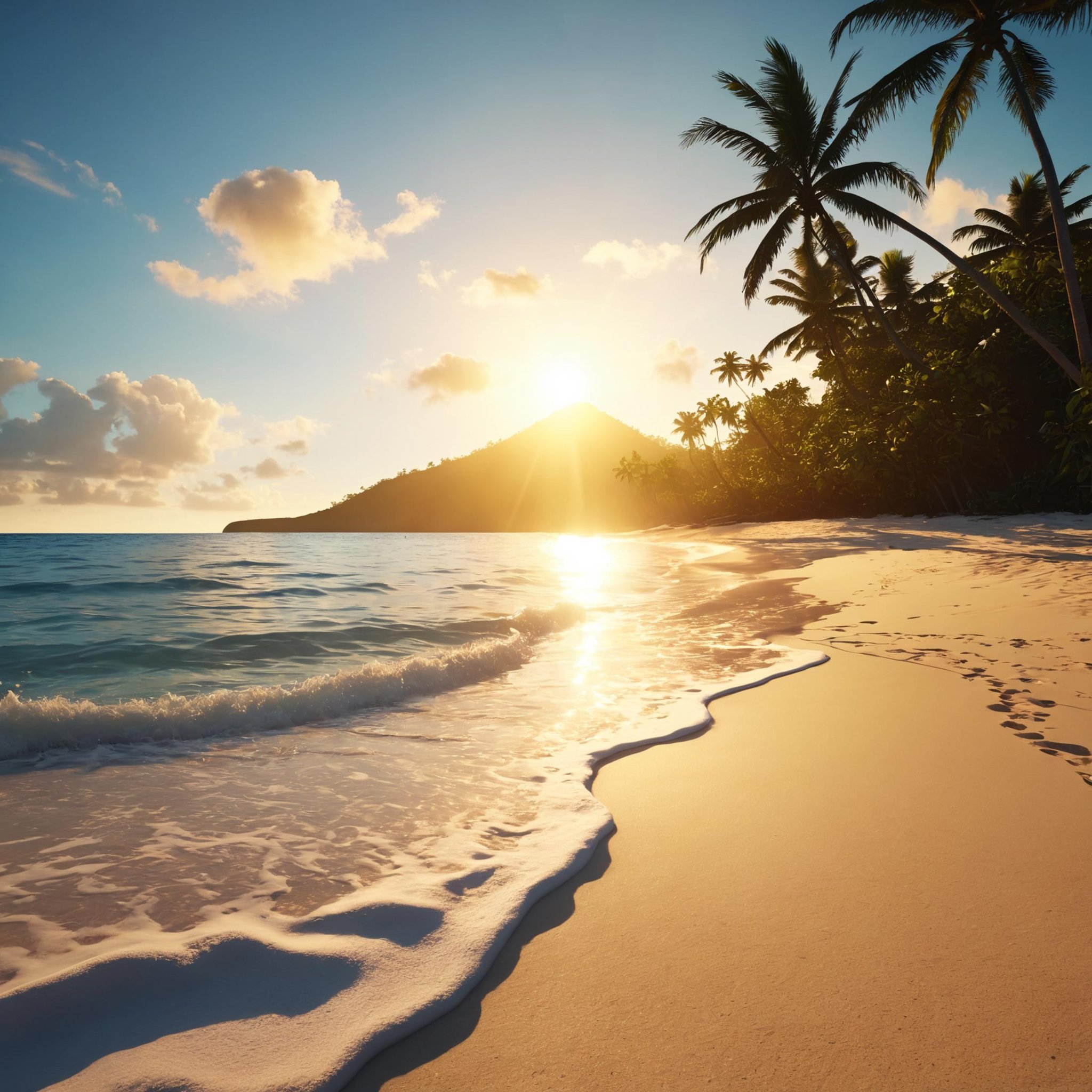A sunrise on the beach of a tropical island,(masterpiece:1.2), (best quality:1.2), ultra-detailed, best shadow, detailed background, high contrast, (best illumination, an extremely delicate and beautiful), ((cinematic light)), hyper detail, dramatic light, intricate details, 8k,  very aesthetic, 