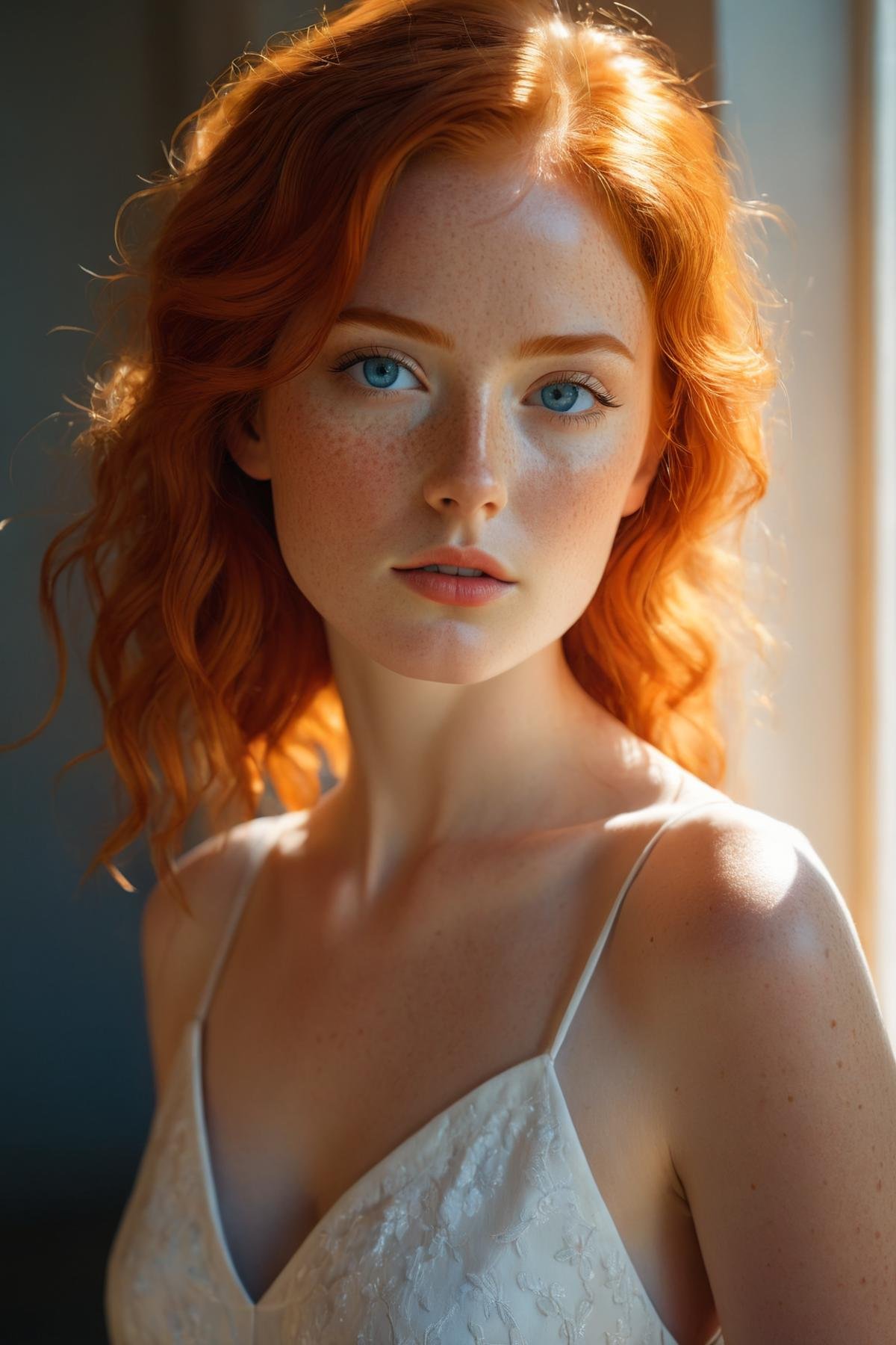 a young woman with red hair, small narrow glasses, wearing a white dress, freckles, looking at viewer, blue eyes, orange-red hair, parted lips, upper body, photorealisim,(masterpiece:1.2), (best quality:1.2), ultra-detailed, best shadow, detailed background, high contrast, (best illumination, an extremely delicate and beautiful), ((cinematic light)), hyper detail, dramatic light, intricate details, 8k,  very aesthetic,  