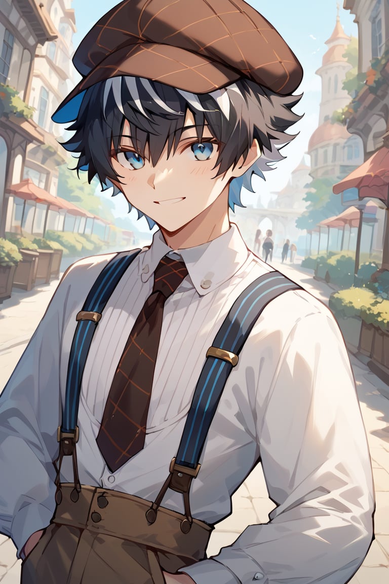 (score_9,score_8_up,score_7_up,score_6_up,score_5_up,score_4_up), best quality,masterpiece, 1boy, male focus, charlemagne, multicolored hair, two-tone hair, black hair, blue eyes, disguise costume, hat, suspenders, necktie, brown pants, looking at viewer, cowboy shot, close up, smile