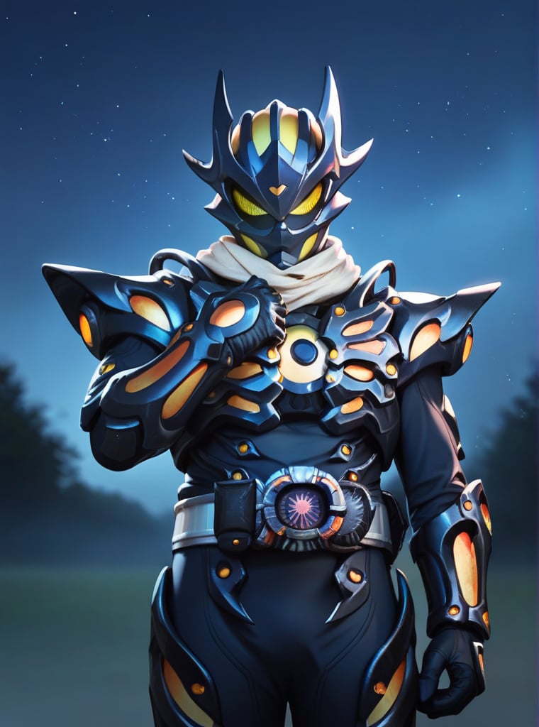  score_9, score_8_up, score_7_up, score_6_up, score_5_up, score_4_up score_9,score_8_up, kamenriderdread, dark blue armor, dark blue helmet, yellow eyes, white scarf, no mouth, covered face, rider belt, black gloves, upper body, ((one hand up)), ((closed fist)), hand to chest, ((dark)), outdoors, night time, empty field, quarry, dust particles, ((dramatic light)), harsh shadows, rim light, fog, background smoke