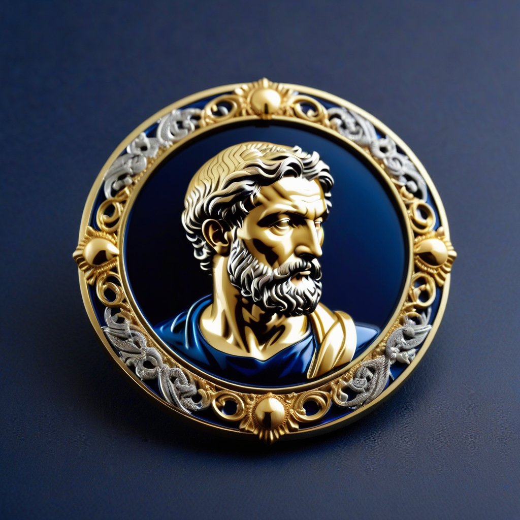 Score_9, Score_8_up, Score_7_up, Score_6_up, Score_5_up, Score_4_up, masterpiece, best quality, 
BREAK
FuturEvoLabBadge, Crystal style, Exquisite round badge, Portrait of Michelangelo, 
BREAK
A detailed and ornate badge featuring the head. The design has intricate details with a metallic texture and a 3D effect. The centered within a decorative frame, with an ornate border surrounding it. The badge is set against a dark blue background, with silver and gold colors, creating a high contrast and visually striking appearance, 
