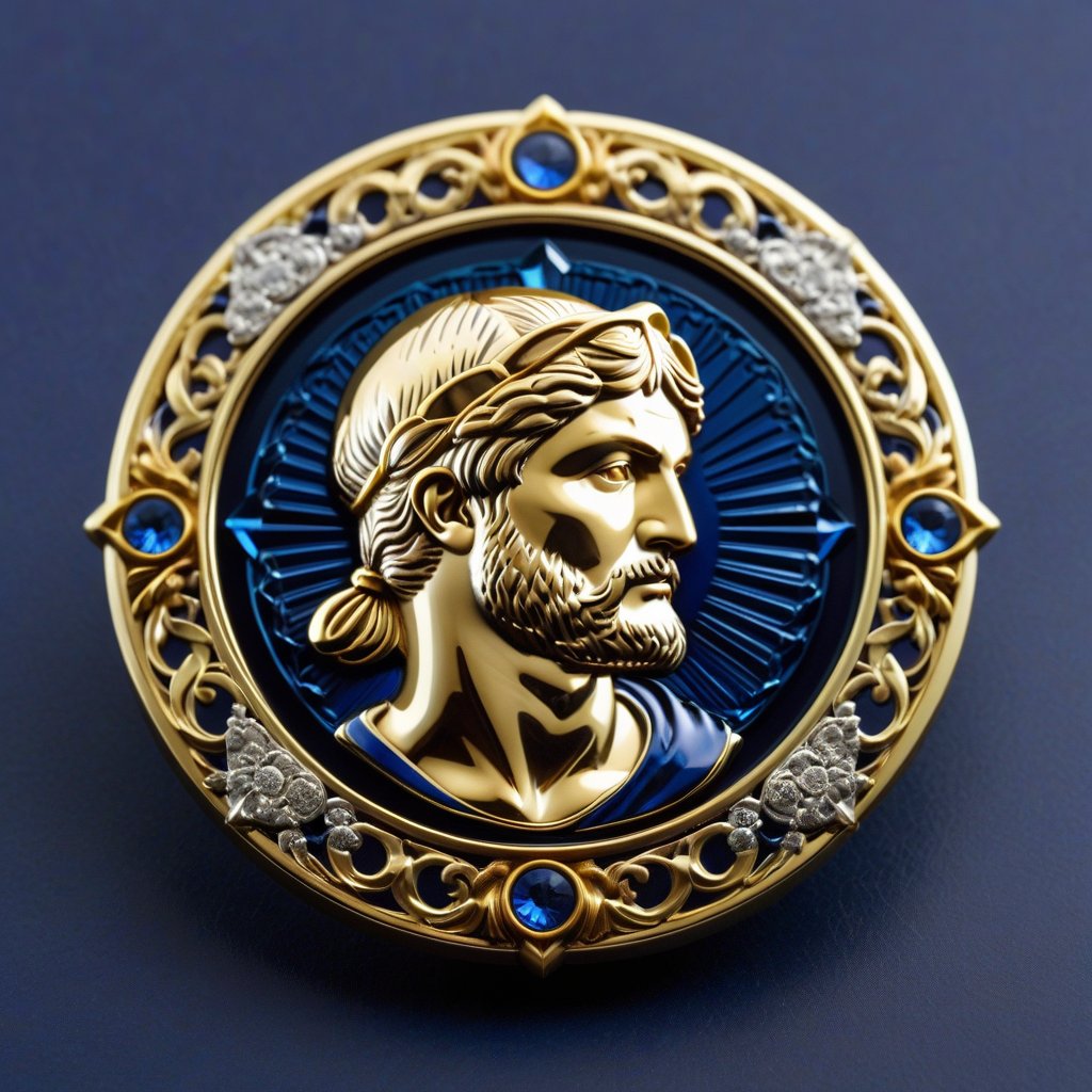 Score_9, Score_8_up, Score_7_up, Score_6_up, Score_5_up, Score_4_up, masterpiece, best quality, 
BREAK
FuturEvoLabBadge, Crystal style, Exquisite round badge, Portrait of Donatello, 
BREAK
A detailed and ornate badge featuring the head. The design has intricate details with a metallic texture and a 3D effect. The centered within a decorative frame, with an ornate border surrounding it. The badge is set against a dark blue background, with silver and gold colors, creating a high contrast and visually striking appearance, 