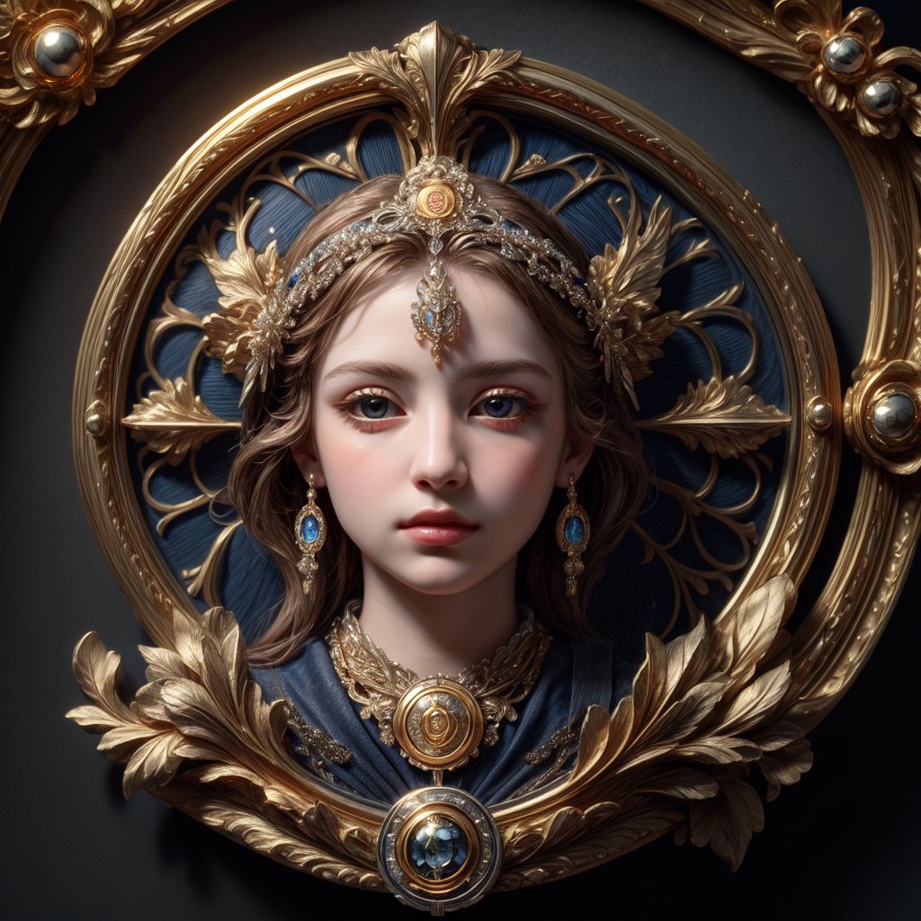 (masterpiece, high quality:1.5), (8K, HDR), FuturEvoLabBadge, Crystal style, (Exquisite round badge:1.5), Portrait of Venus, goddess of love, detailed, ornate, metallic texture, 3D effect, centered, decorative frame, ornate border, dark blue background, silver, gold, high contrast, visually striking