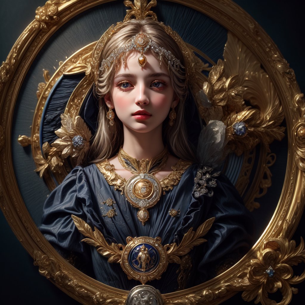 (masterpiece, high quality:1.5), (8K, HDR), FuturEvoLabBadge, Crystal style, (Exquisite round badge:1.5), Portrait of Venus, goddess of love, detailed, ornate, metallic texture, 3D effect, centered, decorative frame, ornate border, dark blue background, silver, gold, high contrast, visually striking