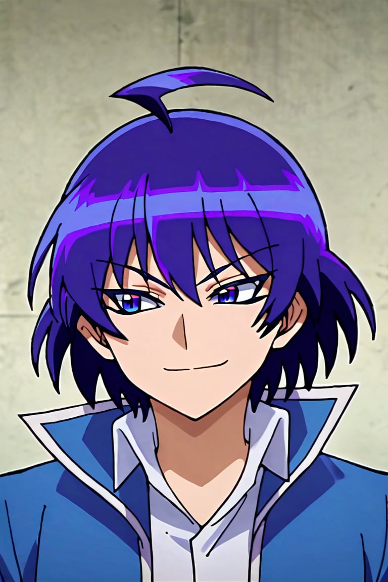 score_9,score_8_up,score_7_up,source_anime,looking away, solo, 1boy, evil Iruma,purple hair,purple eyes,ahoge, smile,