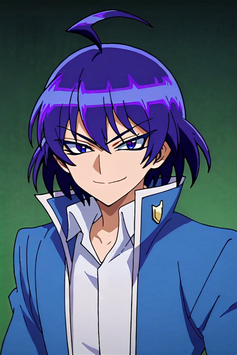 score_9,score_8_up,score_7_up,source_anime,looking at viewer, solo, 1boy, evil Iruma,purple hair,purple eyes,ahoge, evil smile, 