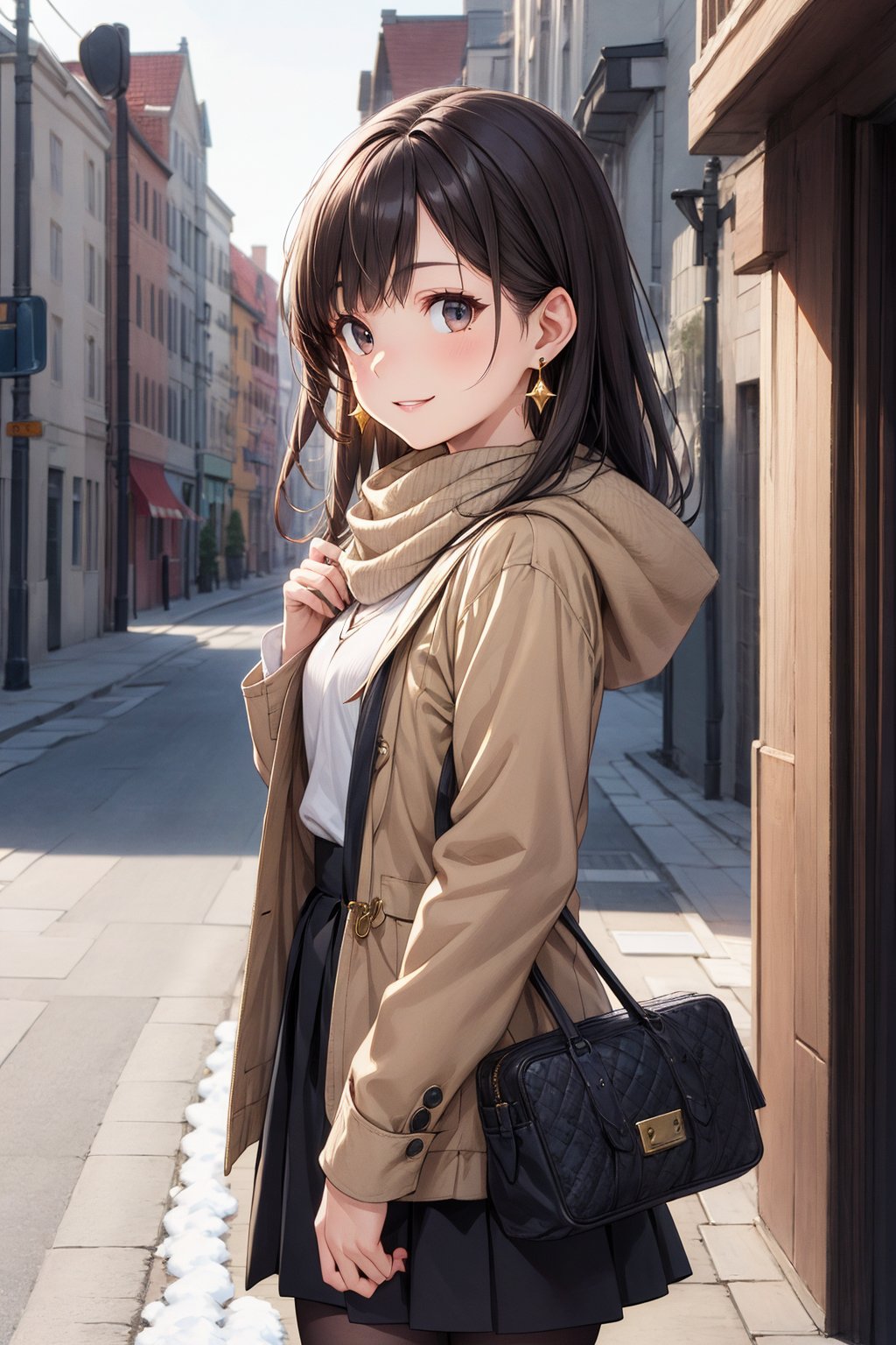 Beautiful and delicate light, (beautiful and delicate eyes), pale skin, big smile, (brown eyes), (black long hair), dreamy, medium chest, woman 1, (front shot), Korean girl, bangs, soft expression, height 170, elegance, bright smile, 8k art photo, realistic concept art, realistic, portrait, necklace, small earrings, handbag, fantasy, jewelry, shyness, skirt, winter parka, scarf, snowy street, footprints,