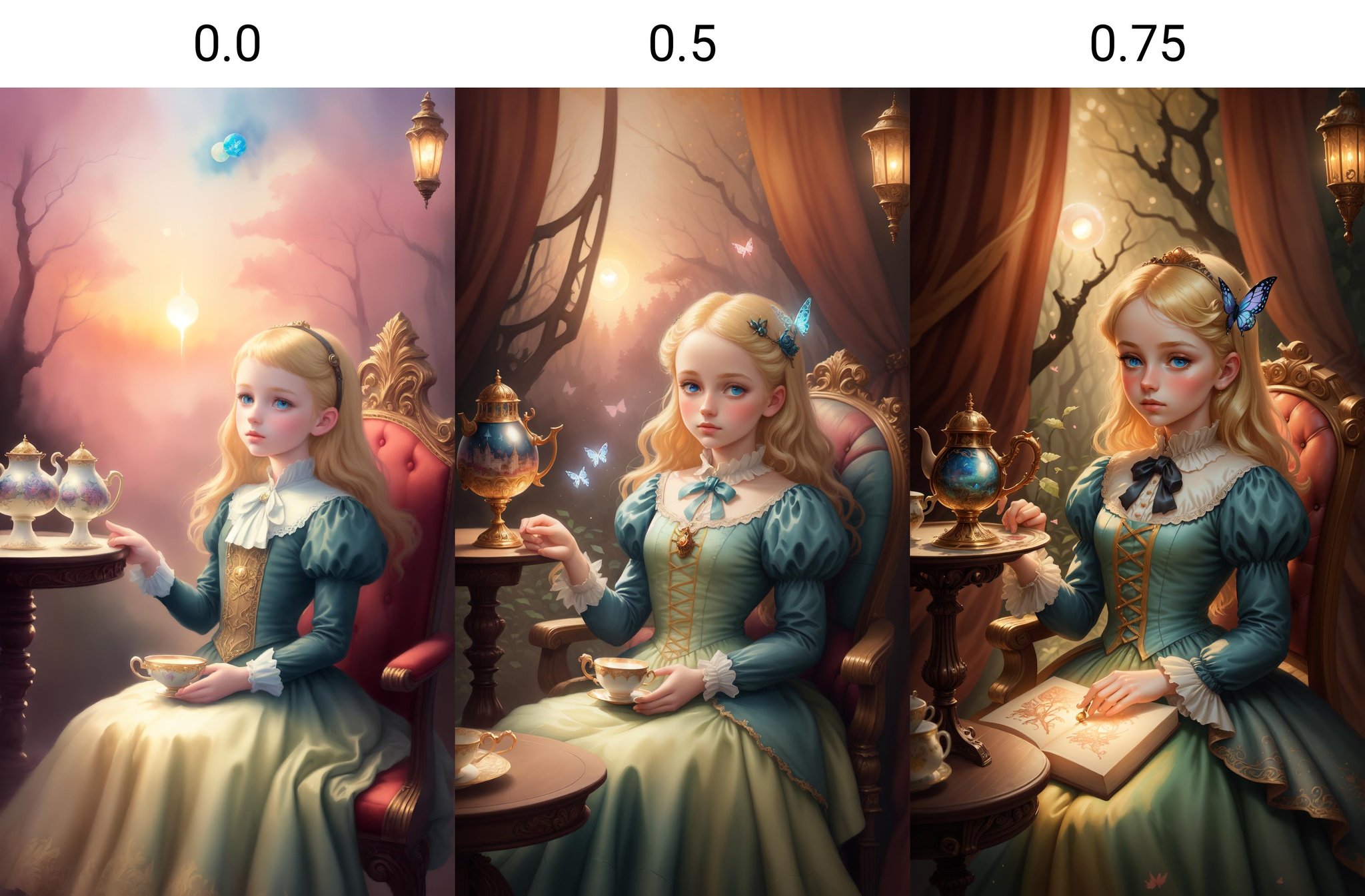 <lora:dAIversityLoRA15-PhotoSemiReal:0.0>young, thoughtful, curious, Caucasian girl, 8 years old, Victorian-era dress, blonde hair, blue eyes, sitting on a vintage, ornate, golden chair, holding a porcelain teacup, antique, enchanted forest, magical, whimsical, twinkling fairy lights, steampunk, time machine, glowing, orbs, butterflies, sunset, dappled light, pastel colors, watercolor, oil painting, intricate, detailed, soft, dreamy, ethereal, illustrated, fantasy, storybook