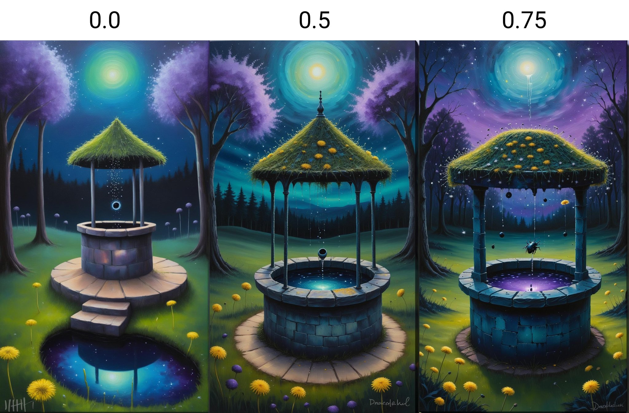 <lora:dAIversityUnderstandingXL-Realistic:0.0> beetle,Surrealistic oil painting of a wishing well with a black hole instead of a bottom, Dandelions scattering wishes, Twilight, Mystical atmosphere, Soft brushstrokes, Realistic textures, Muted colors, Dark blue, Purple, Green, Starry night sky, Forest in the background, Dreamy, Whimsical, High quality, High resolution, Intricate details, Brushwork, Canvas texture, Vibrant highlights