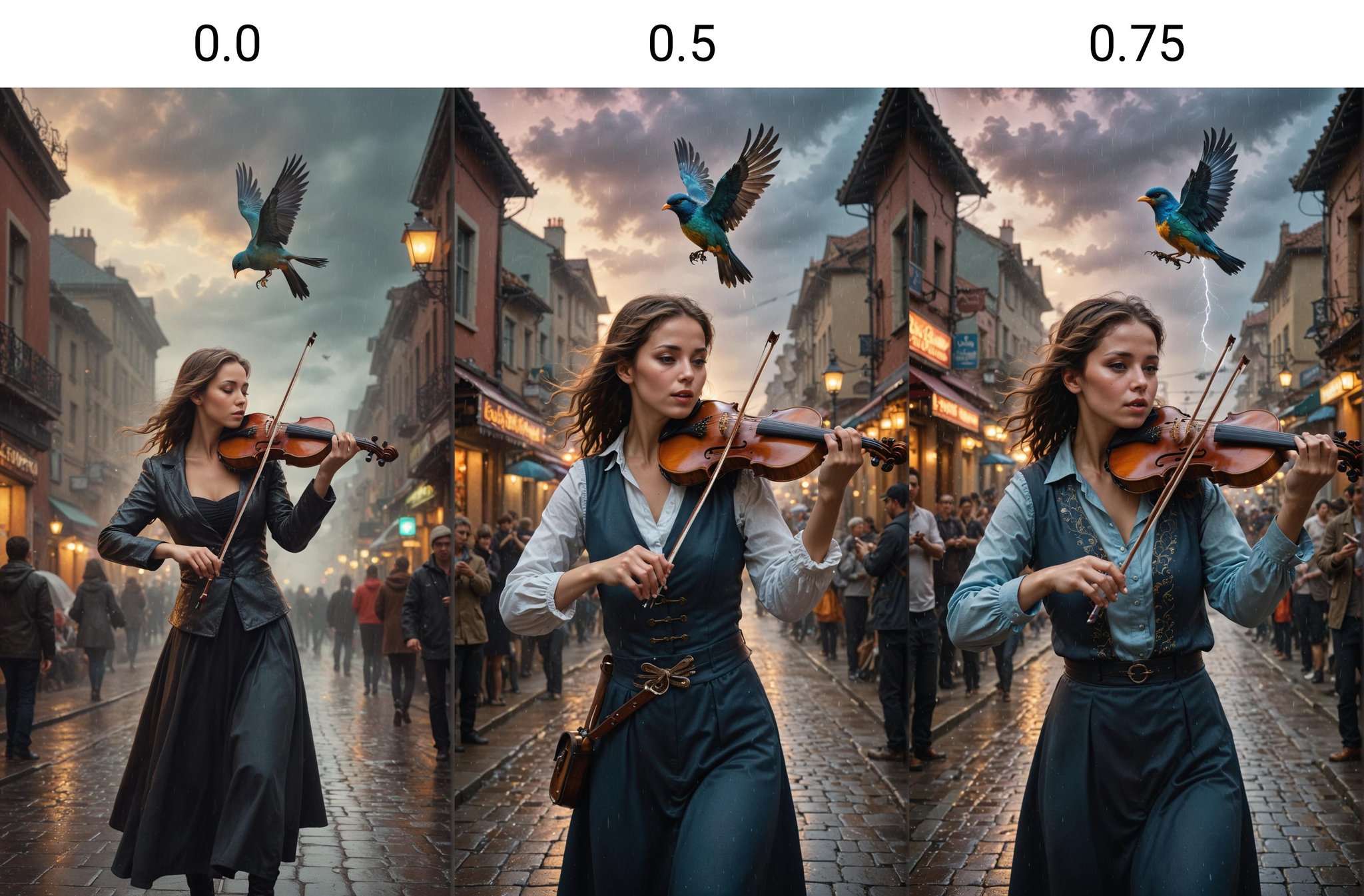 <lora:dAIversityUnderstandingXL-Realistic:0.0> Fantasy realism digital art of a street performer, captivating a crowd with a magical violin that controls the weather, and a mechanical bird soaring among the clouds, bright and colorful, detailed background, evening time, dramatic lighting, city street, cobblestone road, vintage street lamps, colorful buildings, large crowd, intrigued expressions, close-up of performer's face, intense gaze, detailed violin, weather effects, rain, wind, lightning, colorful bird, metallic texture, smoke, mist, dreamy atmosphere,premium yoga mat