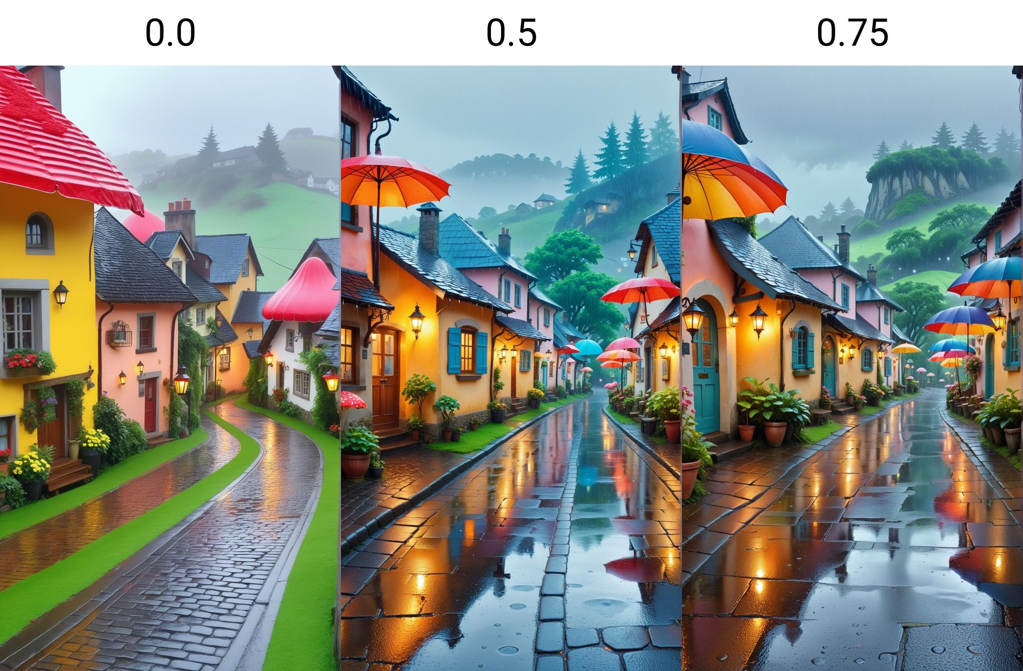 <lora:dAIversity-LoRAtest-Photoreal-XL-01:0.0>photo of Watercolor painting, whimsical, cute, magical, colorful, cheerful, vibrant, pastel colors, mushroom houses, rainy day, puddles, raindrops, wet streets, glowing lanterns, umbrellas, village square, cobblestone paths, lush greenery, rolling hills, misty atmosphere, cozy, inviting, warm, peaceful, dreamy, fairy tale, (Masterpiece:1.3) (best quality:1.2) (high quality:1.1)