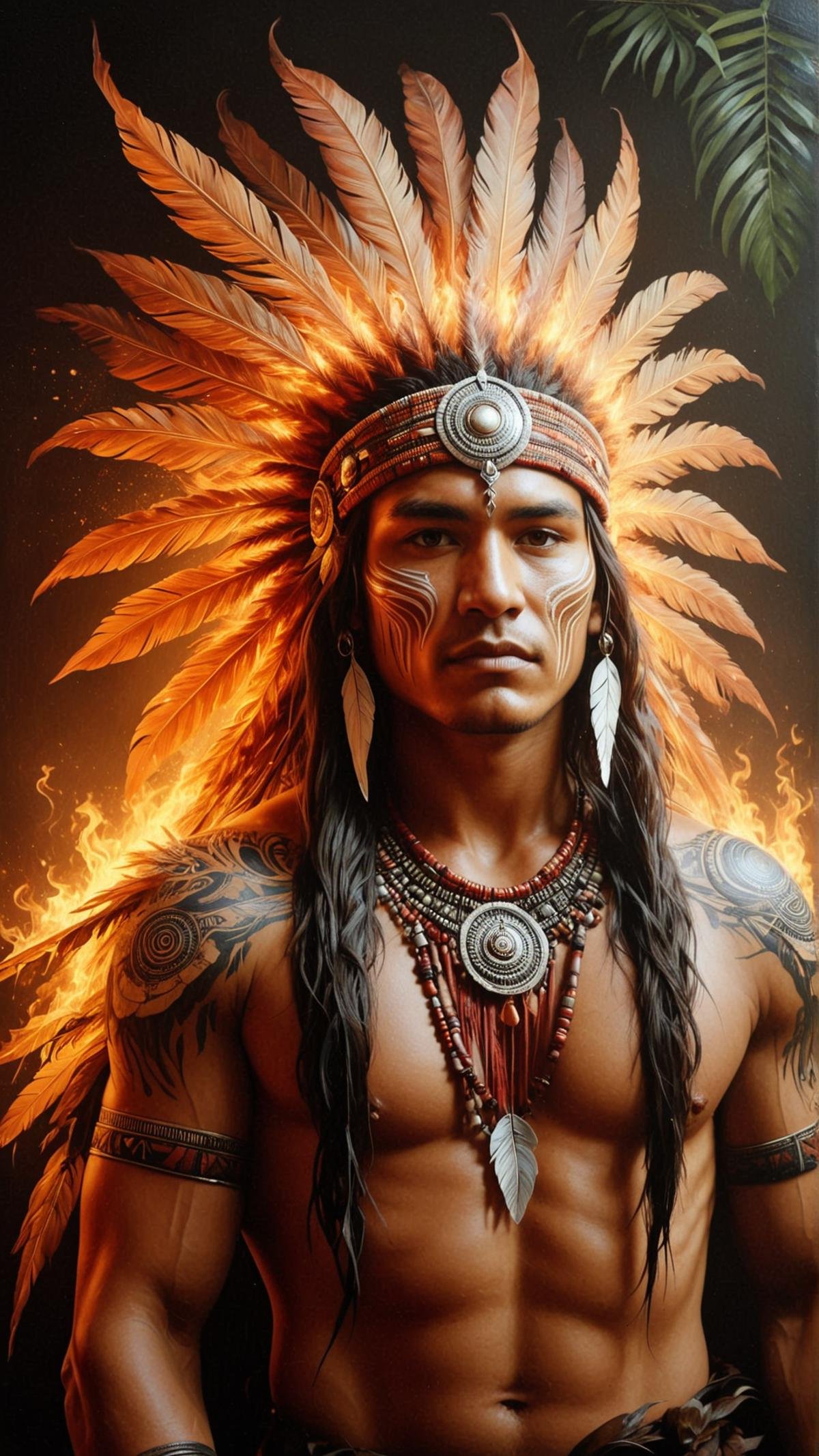 <lora:ElementFireSDXL:1>ElementFire Brown Painting of an Indigenous Amazonian leader at a tribal gathering. Warm colors, a cold sun, and the weaving of light. Vibrant feathers, beaded jewelry, and detailed facial features. Rich greenery and exotic animals in the background. Oil paint, textured, and detailed brushwork, capturing the essence of the Amazonian culture.,a tailor crafting a suit made from a map of the world flames, burning fire, blazing, (Masterpiece:1.3) (best quality:1.2) (high quality:1.1)