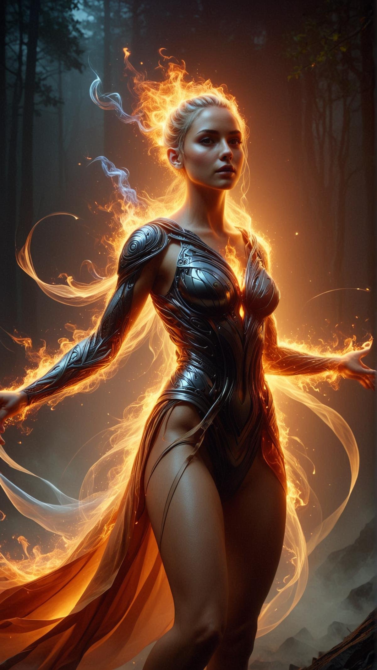 <lora:ElementFireSDXL:1>ElementFire Orange Digital painting, Low-poly, Mystical hooded figure, Dancing in moonlight, Silent ballet of shadows, Mysterious atmosphere, Blue and silver tones, Forest background, Full moon, Ancient ruins, Surreal environment, Dynamic pose, Fluid motion, Sharp focus, High contrast, Detailed textures, Artstation, Concept art, Illustration, Promo art, Splash art, Wallpaper, Dramatic lighting, Spotlight, Chiaroscuro, Game art, Interactive art, Cinematic art,Cinematic still, African American, young, woman, Medium hair, Braided hair, Crew cut, Blonde hair, Bun cover, Almond eyes shape, Violet eyes, Safety glasses, Medium lips, Orange lips, Inverted Triangle face, Sunset eye makeup, Confused, Tall body, Masculine pose, Holding microphone, Business Casual dress, Key light, Rainbows, Sunrise, Foggy, Chroma key green background, Dawn background, Panasonic Lumix S1, Full shot, Upside-down angle, (Masterpiece:1.3) (best quality:1.2) (high quality:1.1)