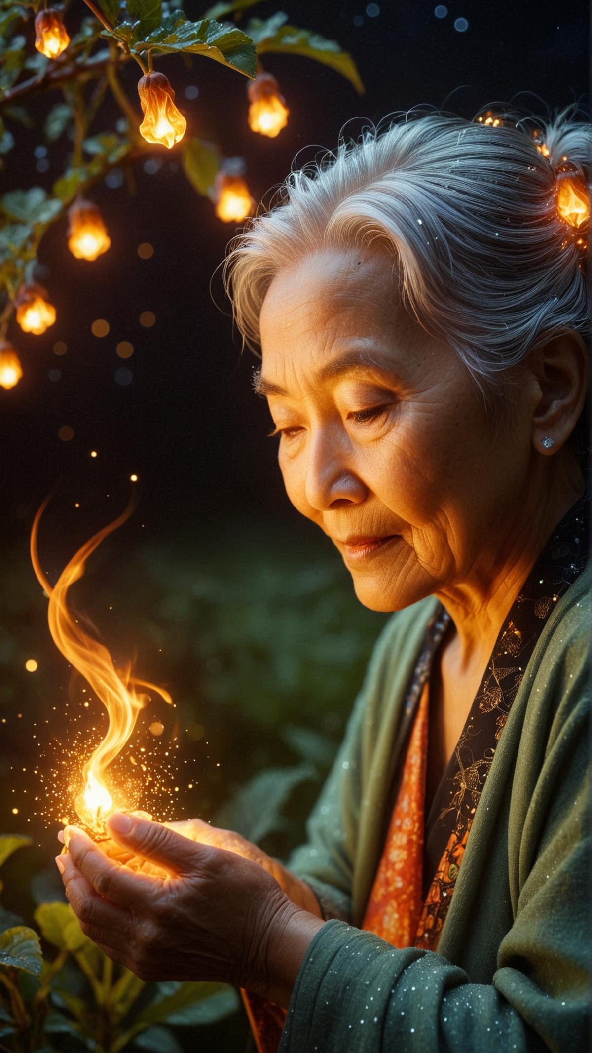 <lora:ElementFireSDXL:1>ElementFire Orange an elderly Asian woman tending to her garden,A close-up, dew-covered leaf with glistening dewdrops reflecting the night sky, a river of stars flowing through the darkness, creating a serene and peaceful atmosphere, DSLR shot, macro lens, crisp focus, bokeh background, morning dew, vibrant greens, deep blues, contrasting colors, soft lighting flames, burning fire, blazing, (Masterpiece:1.3) (best quality:1.2) (high quality:1.1)