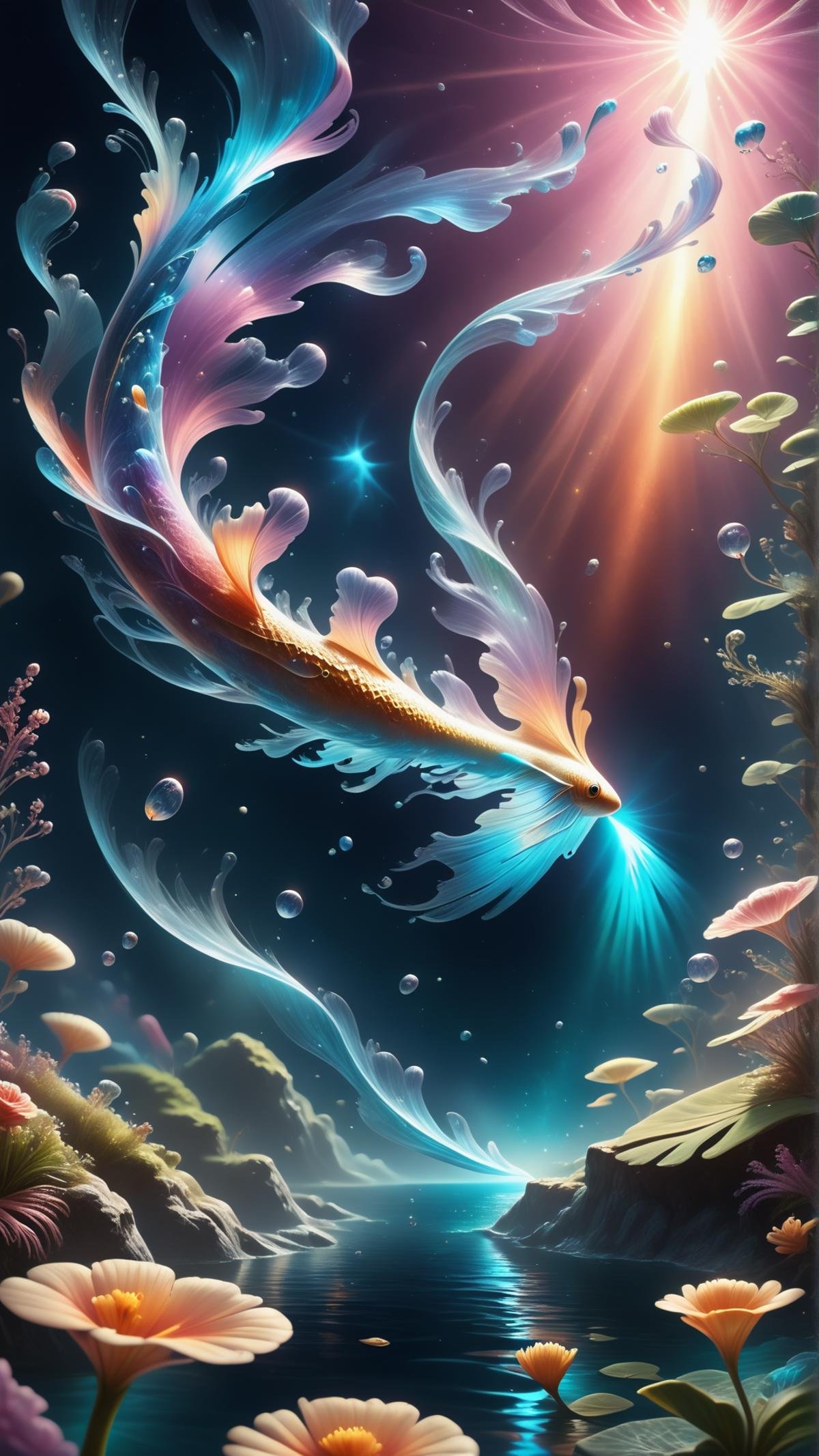 <lora:ElementWindPDXL:0.5>score_9, score_8_up, score_7_up, ElementWind Realistic painting, still life, school of fish, crystal clear lake, underwater view, vibrant colors, sunlight rays, detailed fish textures, reflections, water plants, blue and green hues, serene atmosphere, high-resolution, detailed background, tranquil, peaceful, beautiful image, wind, blowing ethereal streaks, gusts