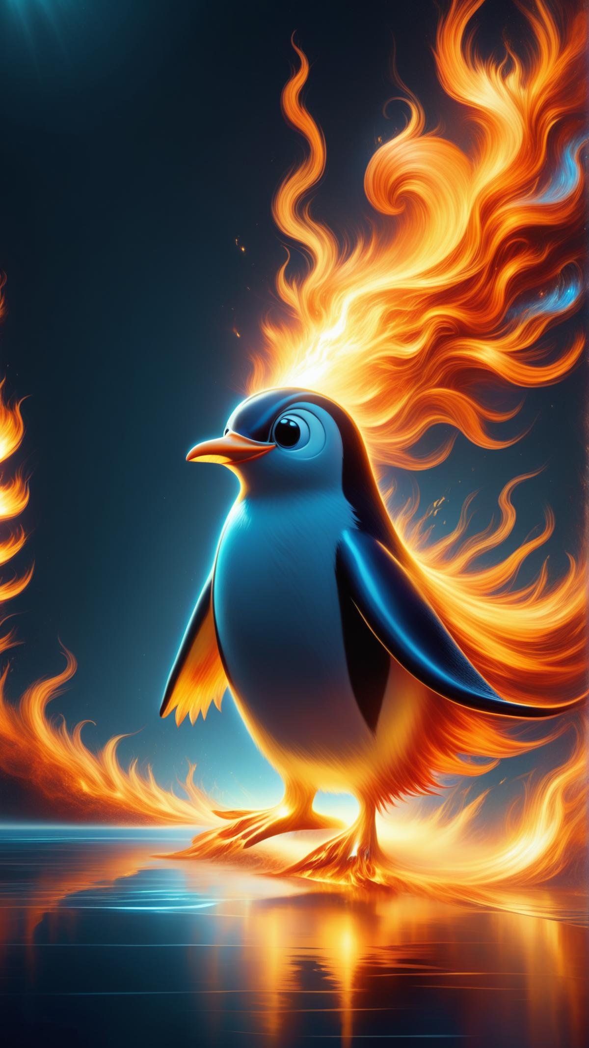 <lora:ElementFirePDXL:0.8>score_9, score_8_up, score_7_up, ElementFire Orange a curious penguin waddling across the icy terrain, fire, flames, blazing, (Masterpiece:1.3) (best quality:1.2) (high quality:1.1)