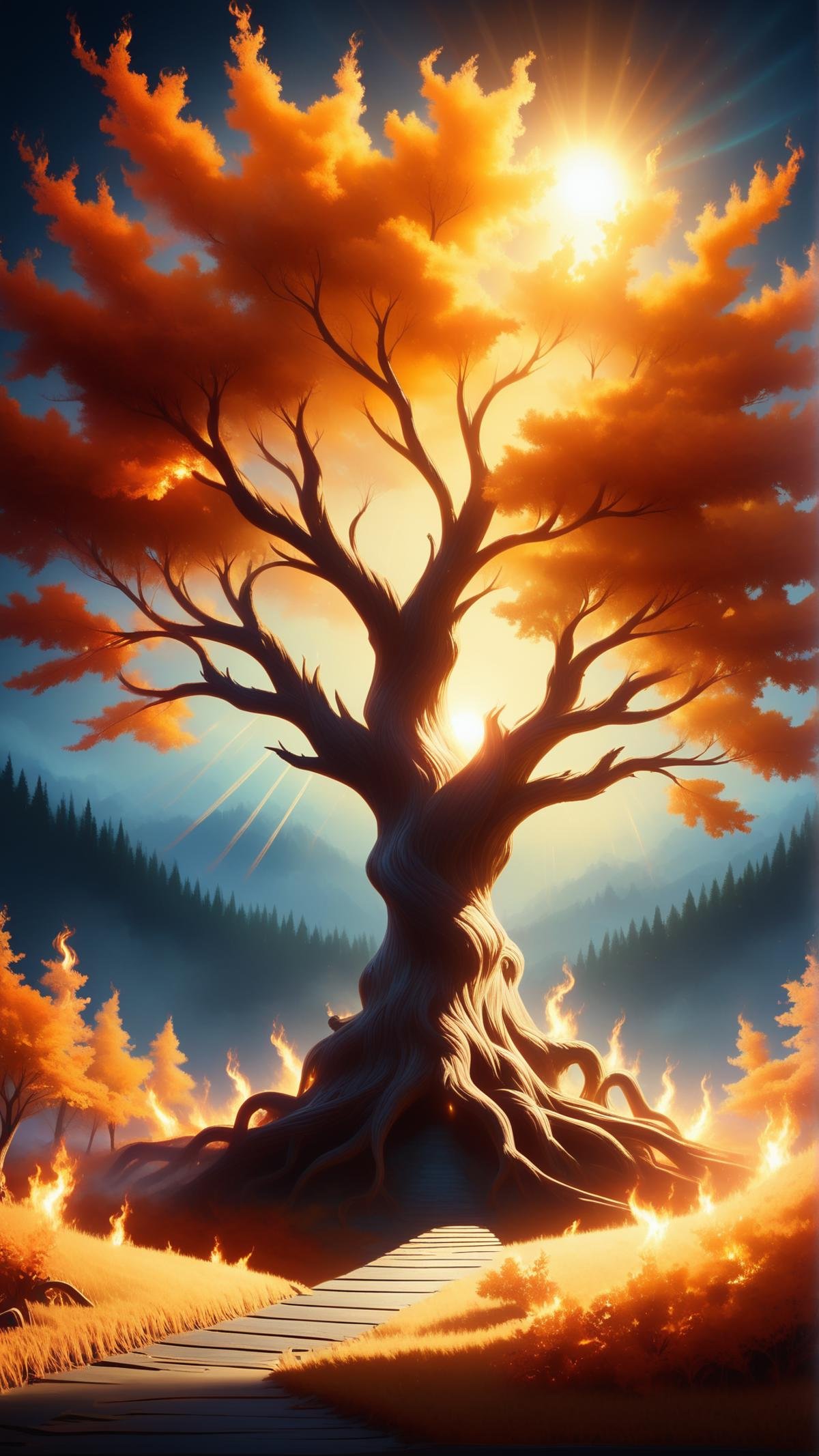 <lora:ElementFirePDXL:0.8>score_9, score_8_up, score_7_up, ElementFire Orange Golden apple tree, Eternal Autumn, Vibrant orange, red, and yellow leaves, Sunset, Warm colors, Realistic, Oil painting, Light mist, Forest, Tree trunk with intricate bark details, Rays of sunlight filtering through leaves, Soft shadows, Serene atmosphere, Lush grass below, Peaceful deer grazing nearby, fire, flames, blazing, (Masterpiece:1.3) (best quality:1.2) (high quality:1.1)