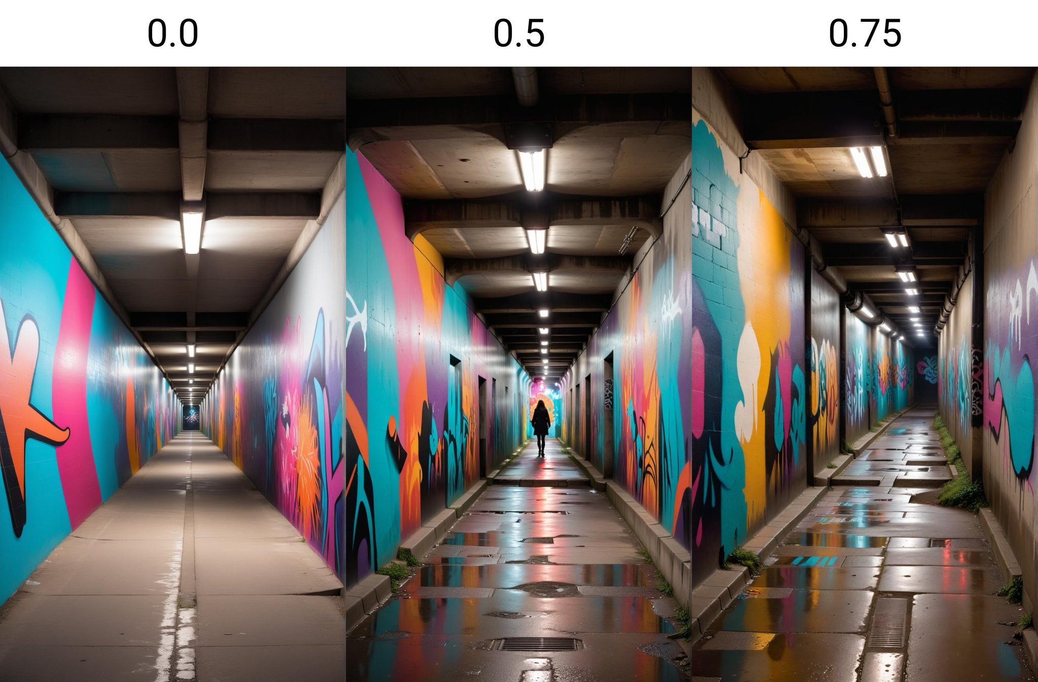 <lora:dAIversityLoRASDXL-PhotoSemiReal:0.0>a city underpass transformed into a vibrant gallery of street art