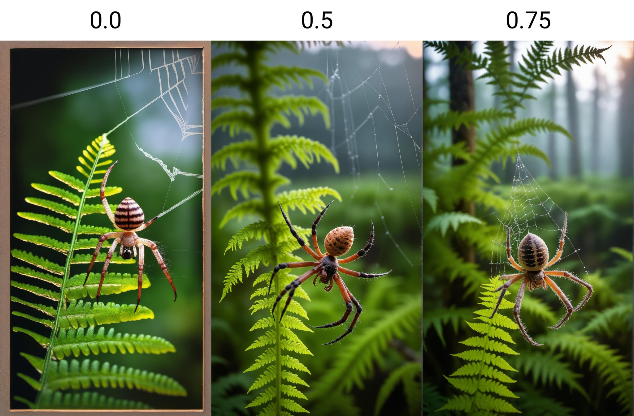 <lora:dAIversityLoRASDXL-PhotoSemiReal:0.0>a spider weaving its web on a fern in a prehistoric bog