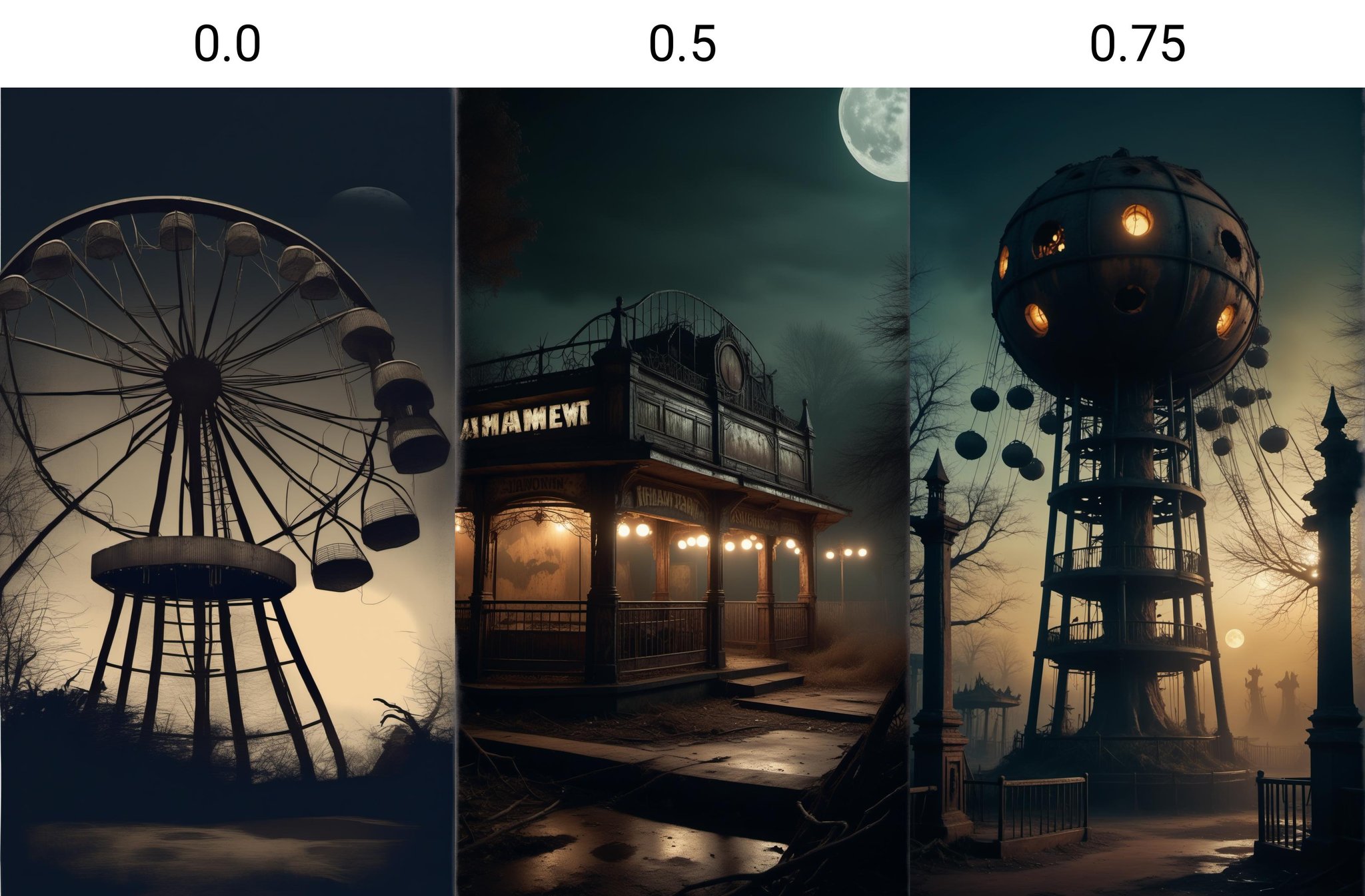 <lora:dAIversityLoRASDXL-PhotoSemiReal:0.0>Realistic illustration of an abandoned amusement park at midnight, dark, eerie, spooky, run-down, rusty, overgrown, willow tree, full moon, shadowy, atmospheric, gloomy, haunted, vintage, sepia tones, grunge, textured, detailed, intricate, intriguing, mysterious, intriguing, curiosity, exploration, adventure, suspense, thriller, horror