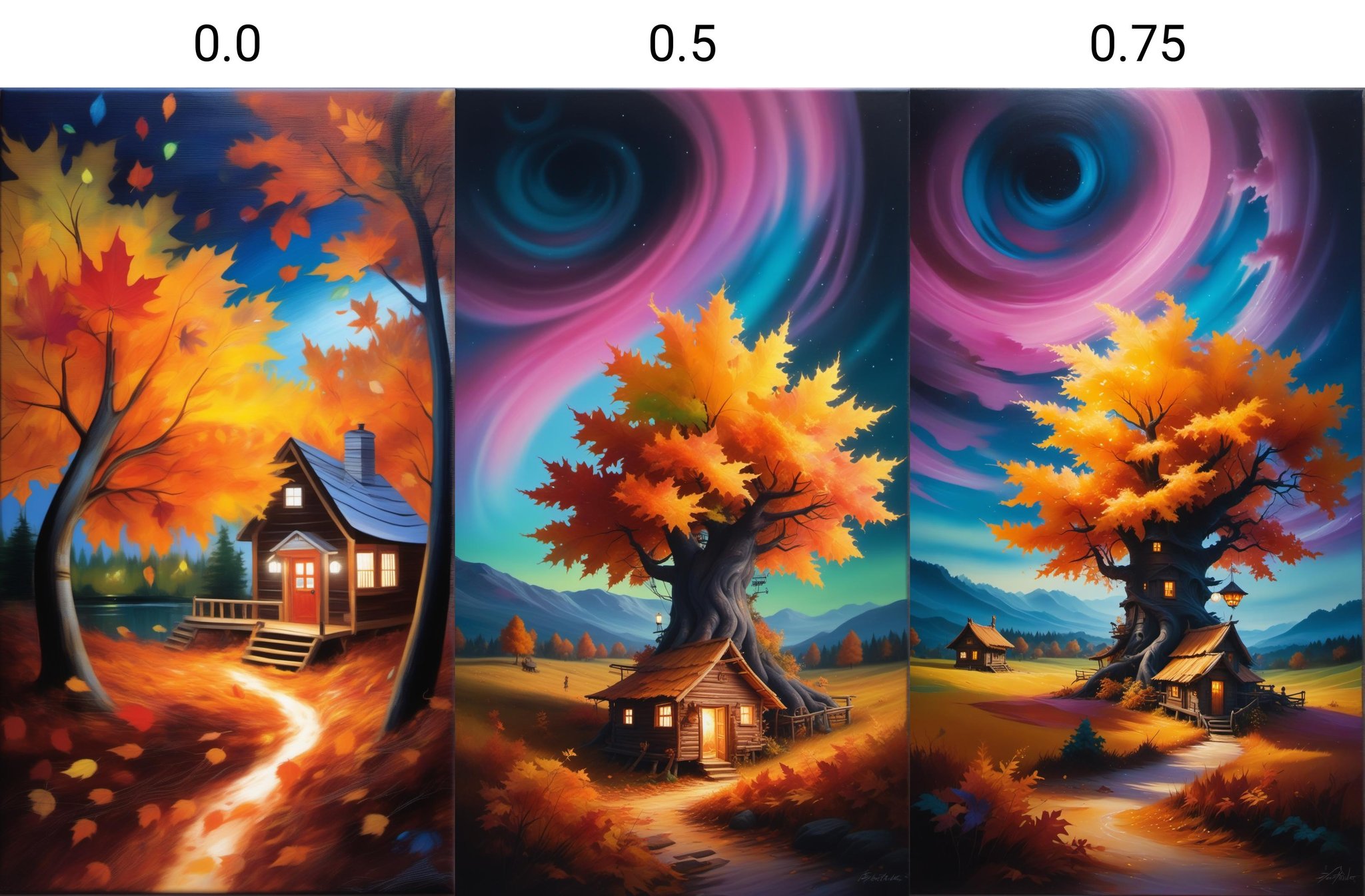 <lora:dAIversityLoRASDXL-PhotoSemiReal:0.0>Vibrant painting of autumn leaves swirling in a playful dance, evoking laughter and joy, set against the backdrop of a cozy treehouse nestled in a quiet village, with the mesmerizing aurora borealis lighting up the sky