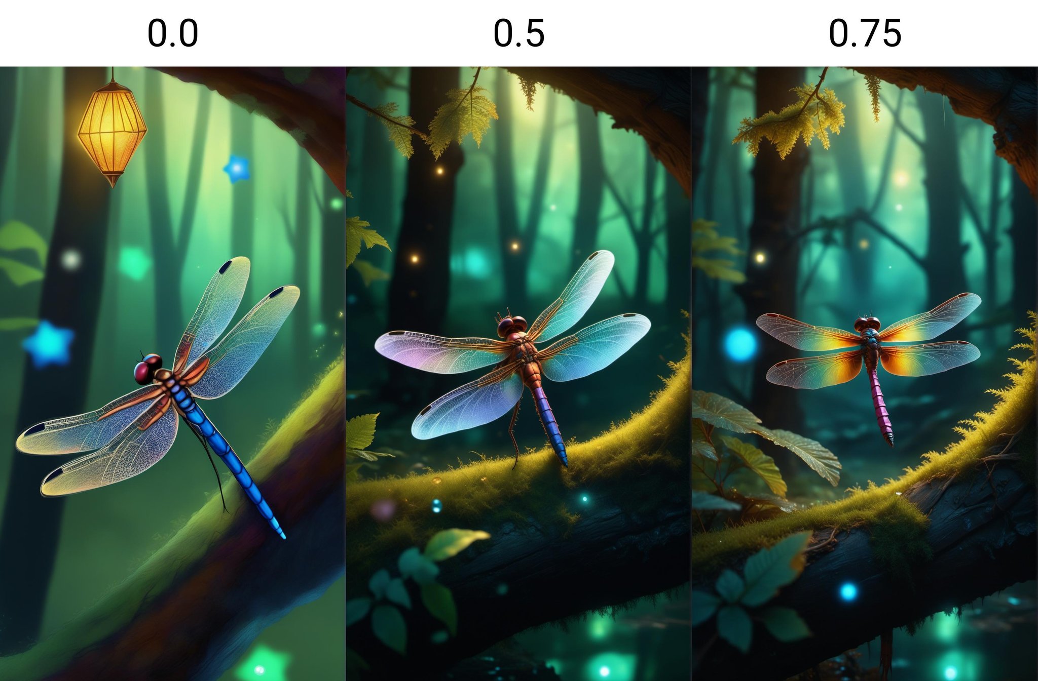 <lora:dAIversityLoRASDXL-PhotoSemiReal:0.0>Realistic digital painting of a detailed close-up view of a dragonfly's wing, iridescent colors, intricate veins, dewdrops, set against the backdrop of a magical, adventurous imaginary friend's secret hideout, cozy treehouse, glowing lanterns, twinkling stars, enchanted forest, vibrant colors, warm and inviting atmosphere, dreamy and imaginative