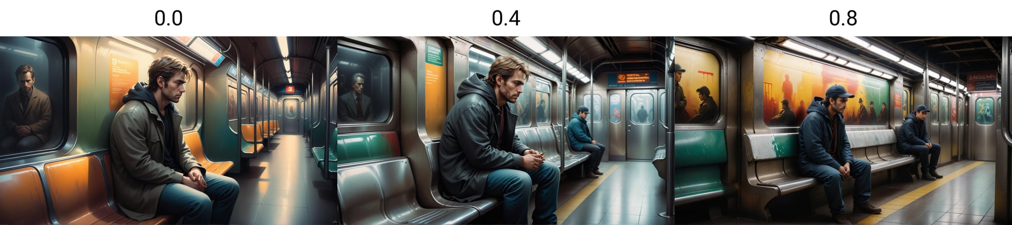 <lora:dAIversityLoRASDXL-PhotoSemiReal:0.0>a beautiful painting of a lonely man sitting in a subway seat by artgerm, concept art, cinematic lighting