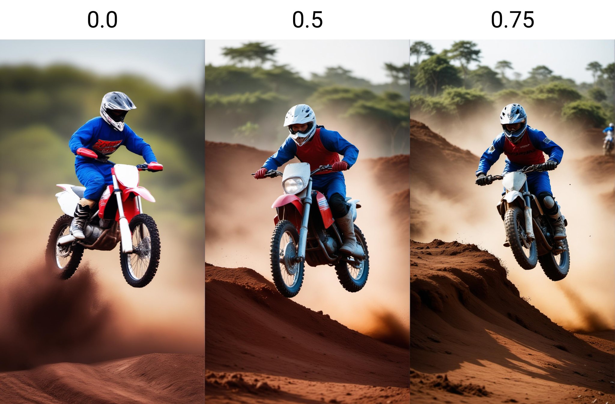 <lora:dAIversityLoRASDXL-PhotoSemiReal:0.0>a red dirt bike performing high jumps during an off-road race