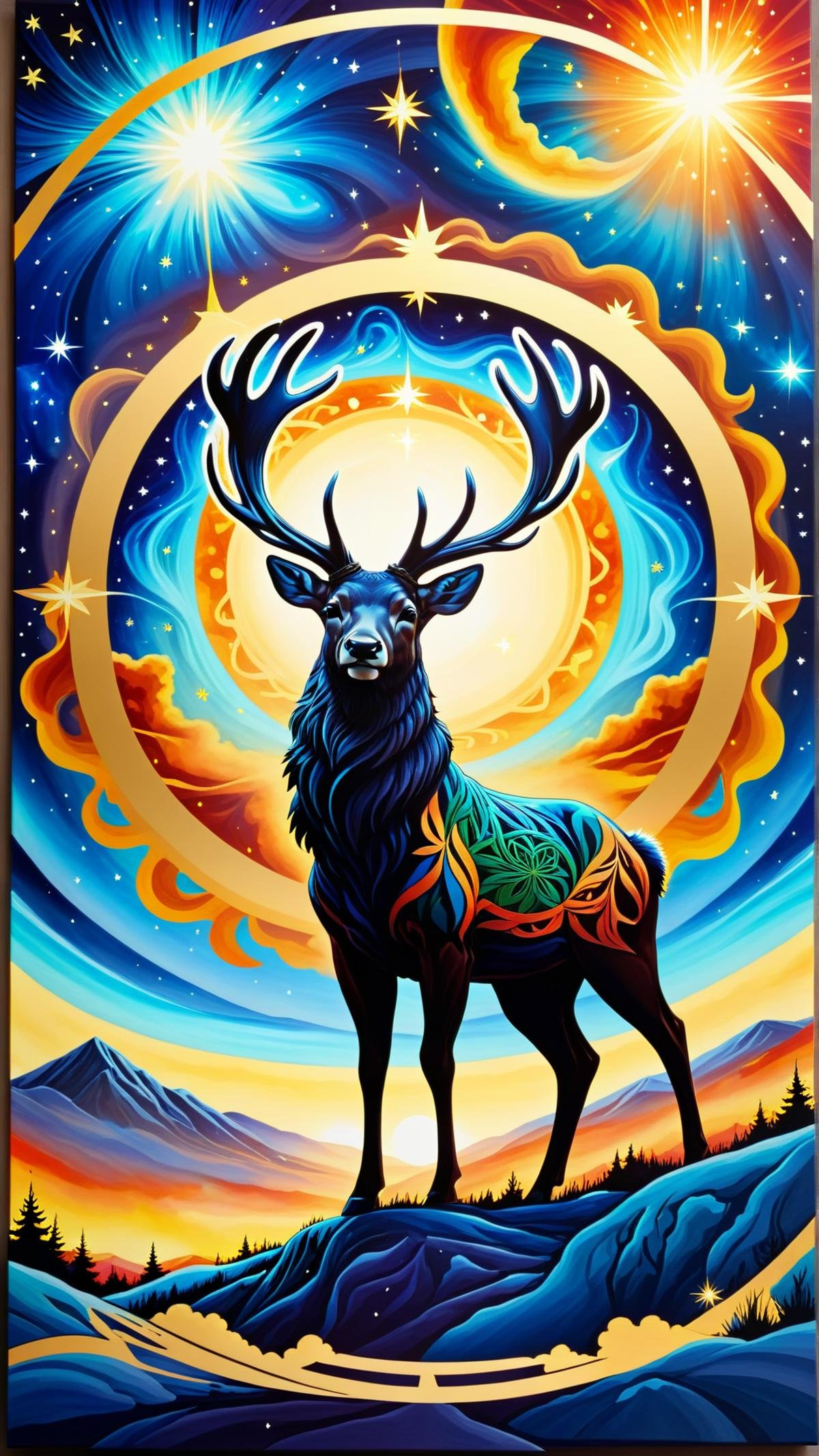 <lora:GaelicPatternStyleXL:1> GaelicPatternStyle a silhouette of a stag against a backdrop of a supernova