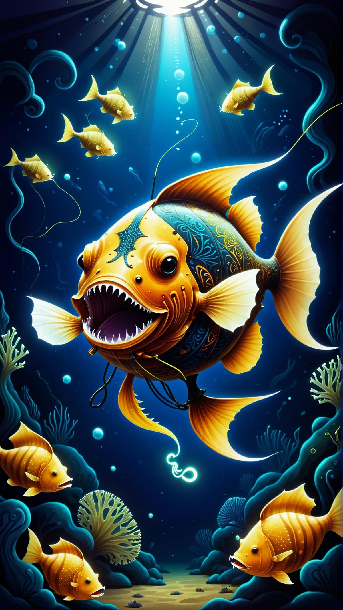 <lora:GaelicPatternStyleXL:1> GaelicPatternStyle an anglerfish using its luminescent lure in the pitch dark of the abyssal zone