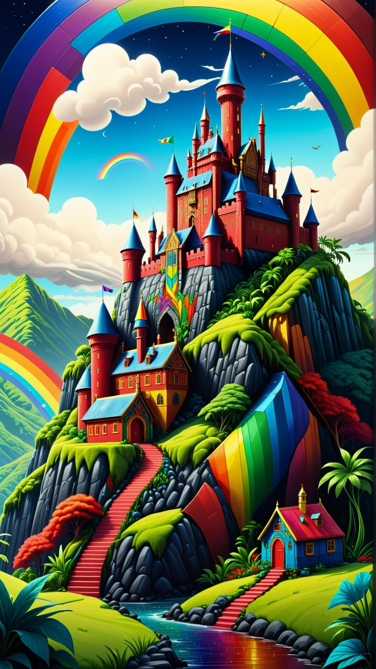 <lora:GaelicPatternStyleXL:1> GaelicPatternStyle of a beautiful Hyperrealistic red royal castle on top of a hill in the middle of a dark jungle with little rainbow colored shack houses scattered along the lower valley region, different colour houses surround the bottom of the castle, macro lens, highly detailed, digital painting, trending artstation, concept art, illustration, cinematic lighting, vibrant colors, photorealism, epic, octane render