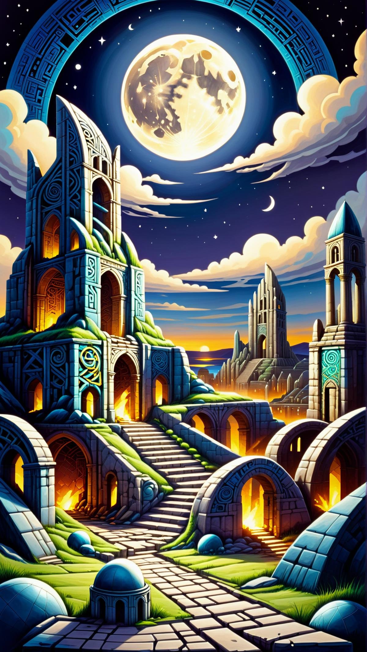 <lora:GaelicPatternStyleXL:1> GaelicPatternStyle moonlight illuminating ruins of a city decimated by an alien race