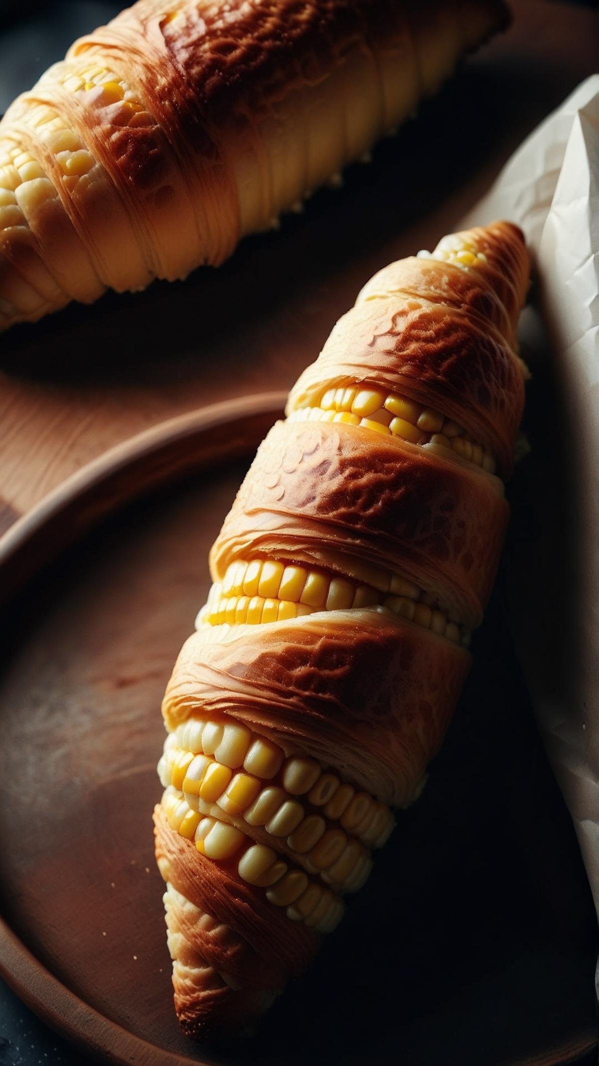 Cinematic photo of  <lora:CroissantStyleXL:1> CroissantStyle corn on the cob, in location: comet trail, detailed background, saturated colorful, atmospheric