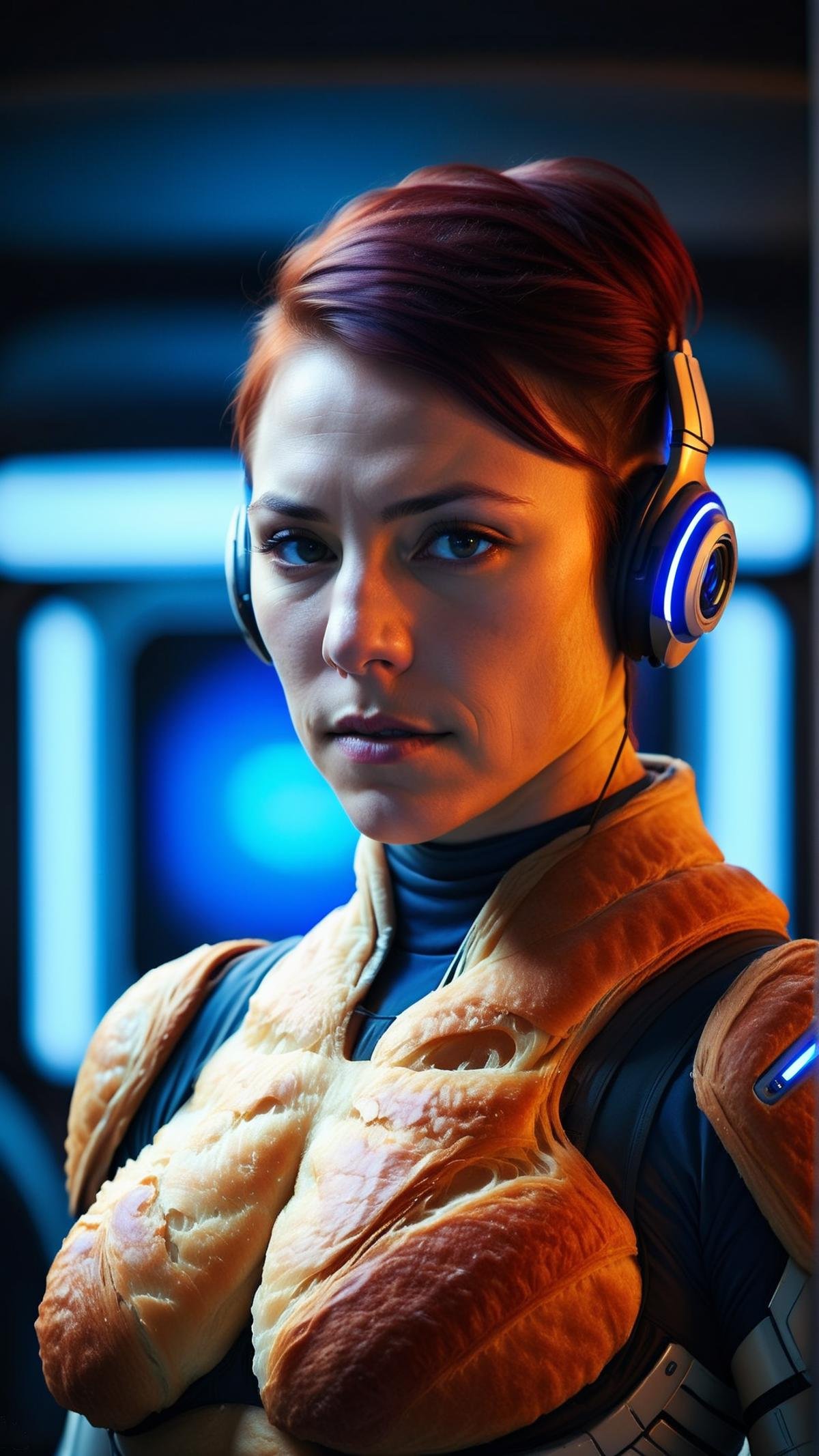 Cinematic photo of  <lora:CroissantStyleXL:1> CroissantStyle   portrait,  looking at viewer, solo, upper body, detailed background, close up, detailed face, (mass effect theme:1.1), futuristic shining  cobalt armor,  fractal pattern    gadgets,  nanotech,   headset,  dynamic pose, epic  spaceship in background, blue lights,  neon lights, lasers,  electricity,  screens,  cinematic atmosphere,, in location: factory, detailed background, dark and morbid, atmospheric