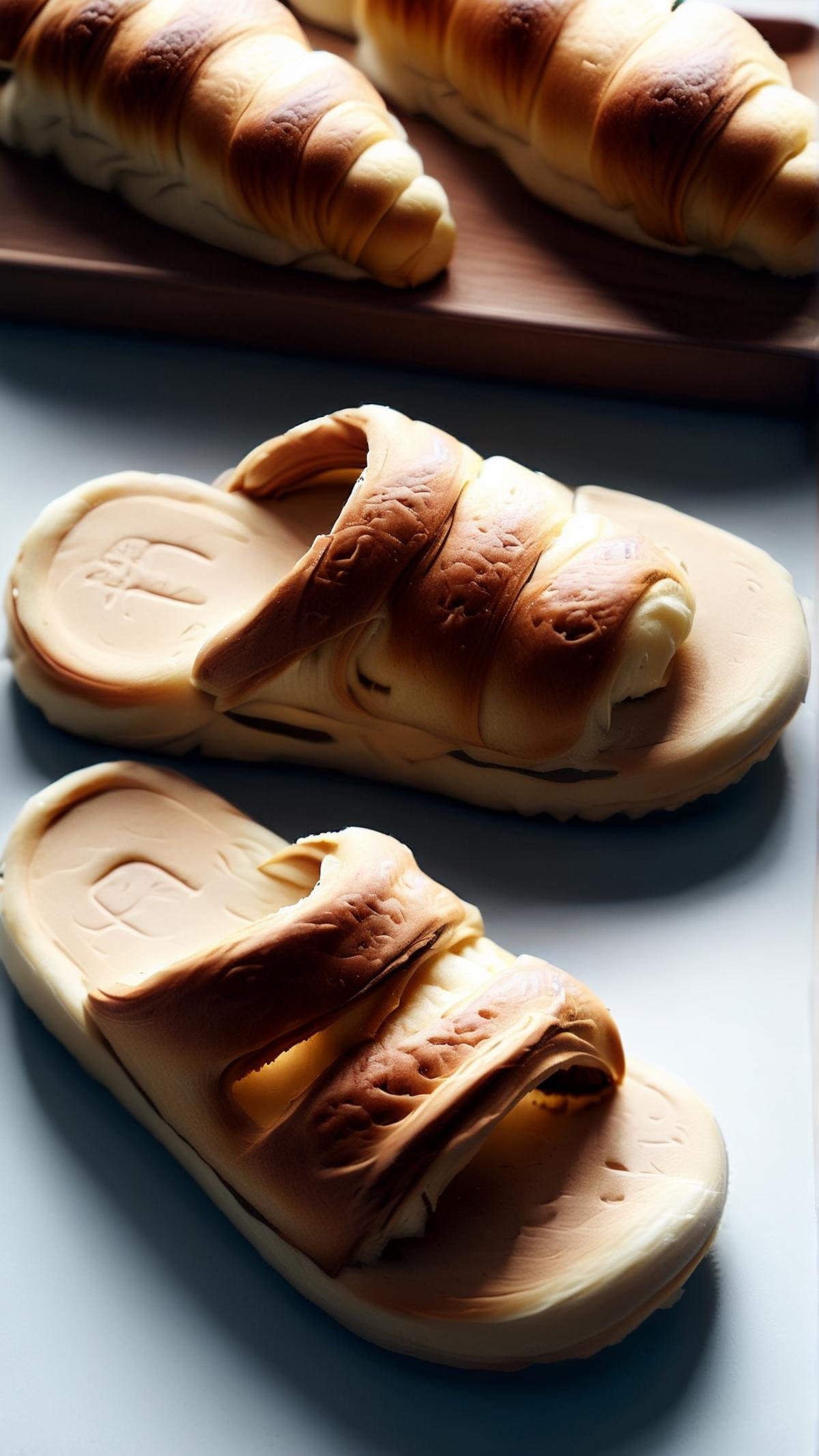 Cinematic photo of  <lora:CroissantStyleXL:1.4> CroissantStyle Sandals, made from croissant, in location: bakery, detailed background, game engine, unreal engine, atmospheric