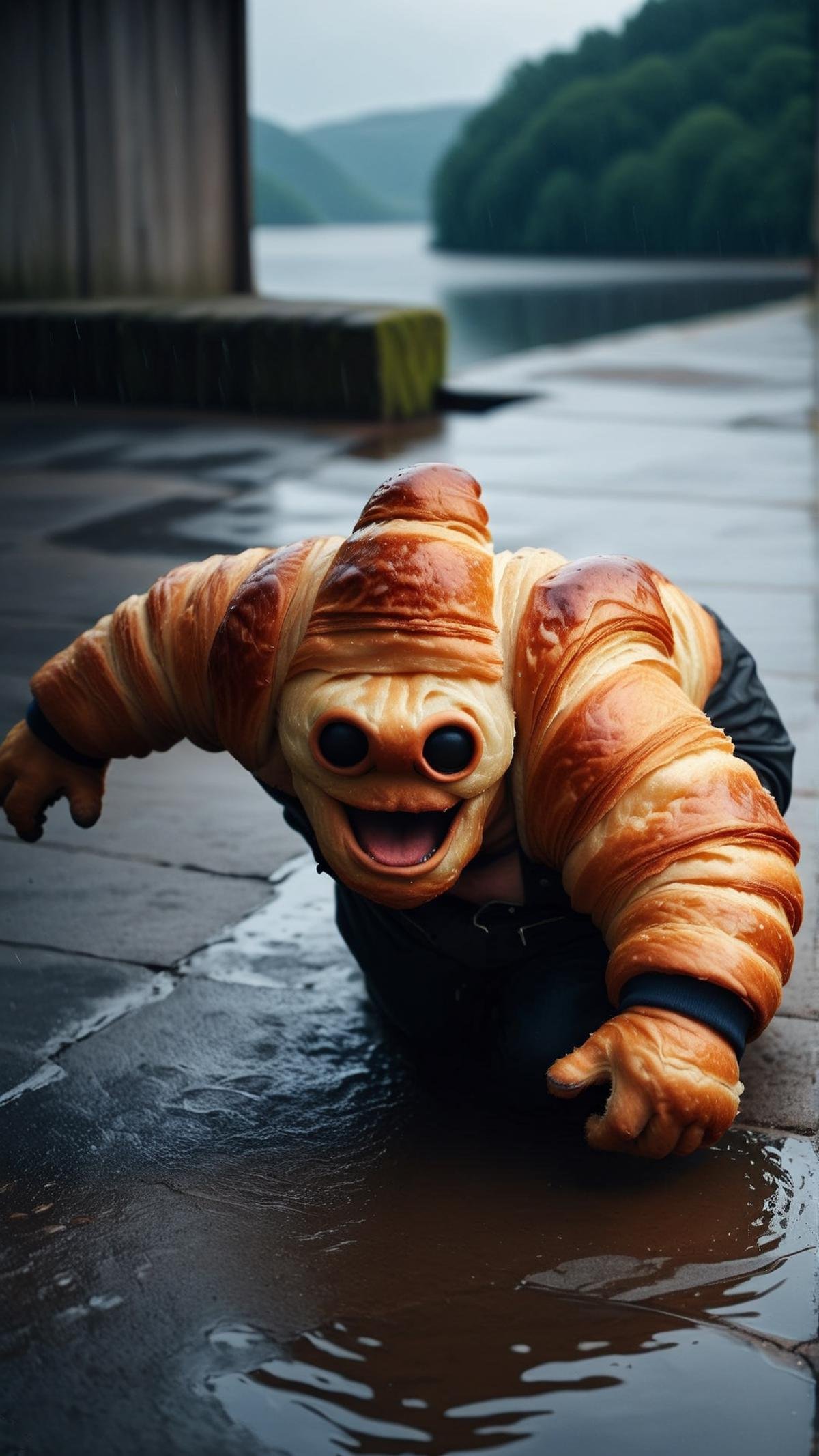 Cinematic photo of  <lora:CroissantStyleXL:1> CroissantStyle comical thief slipping on a wet rooftop during rainy day, in location: broken dam, detailed background, dynamic angle, atmospheric