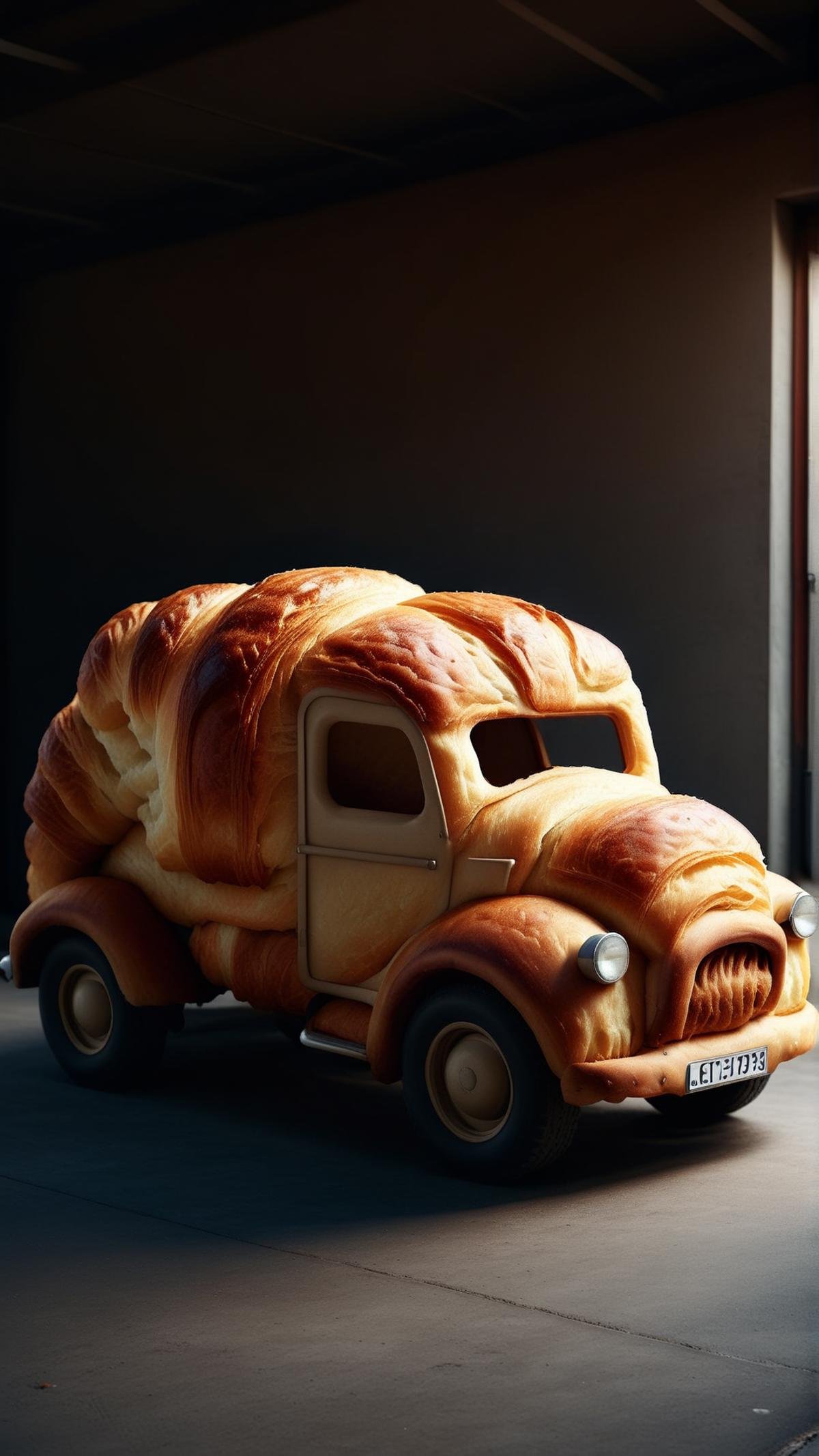 Cinematic photo of  <lora:CroissantStyleXL:1> CroissantStyle truck, in location: garage, detailed background, saturated colorful, atmospheric