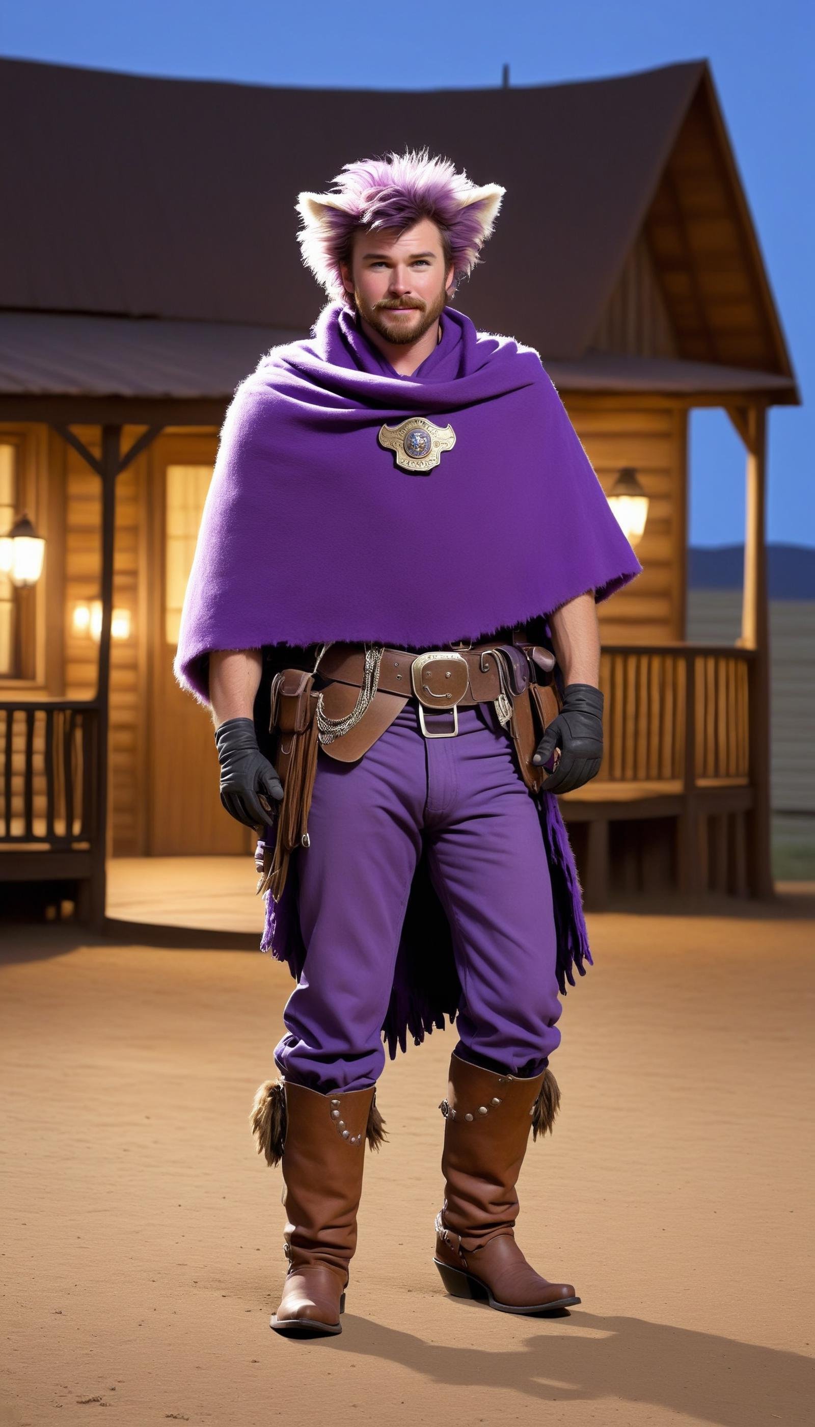 <lora:FluffyStyleXL:1.3> FluffyStyle Purple   looking down, focus on character, solo, (full body:0.6), detailed face, (civil war unionist theme:1.1), cowboy, bandana, holster,  poncho, sheriff badge, dynamic pose, grinning, 18th century wild west, american frontier, wild west era ranch with porch in background,  nighttime,  epic atmosphere, arid,, fluffy